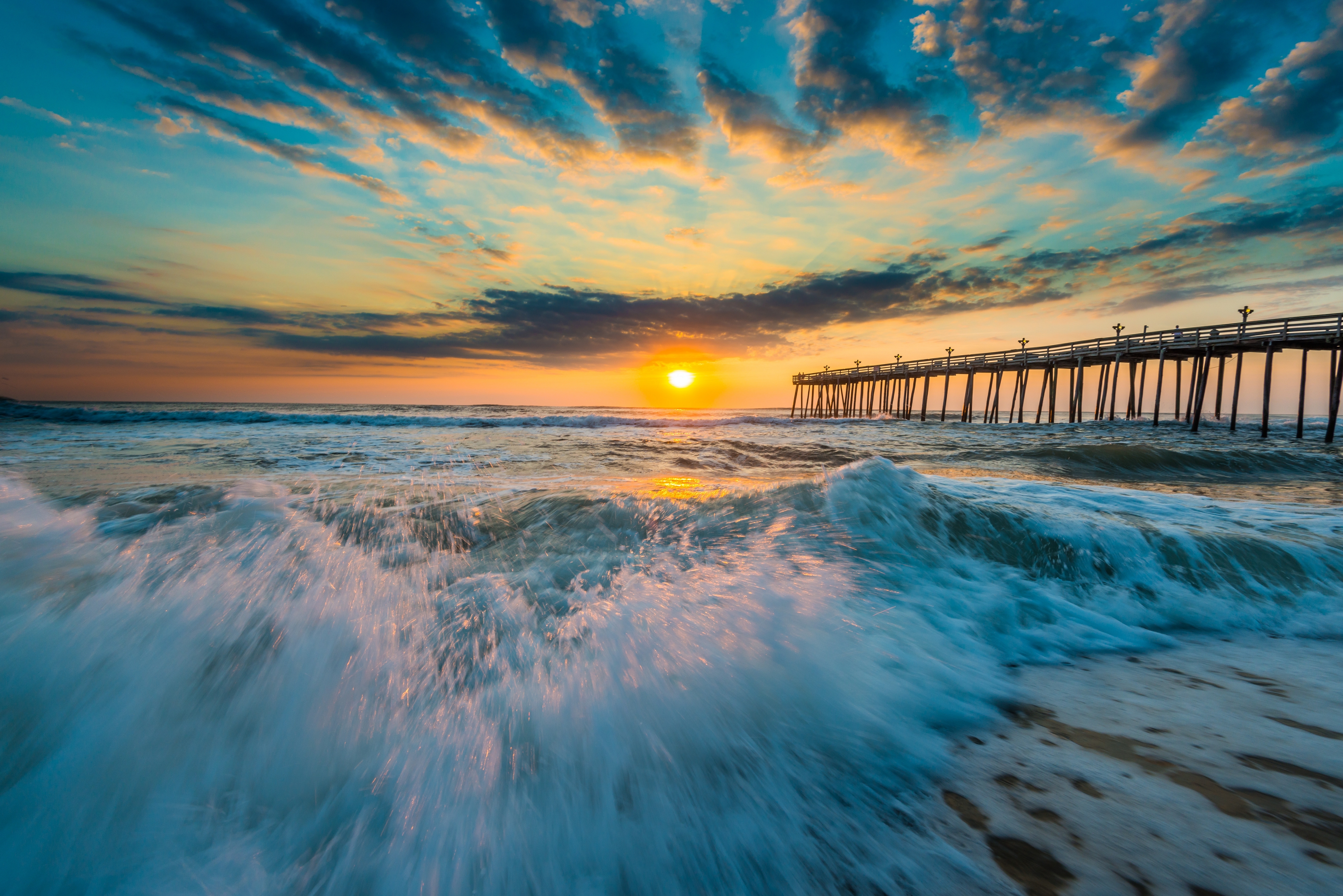 PCデスクトップに日没, 波, 地平線, 橋脚, 海洋, 青い, マンメイド画像を無料でダウンロード