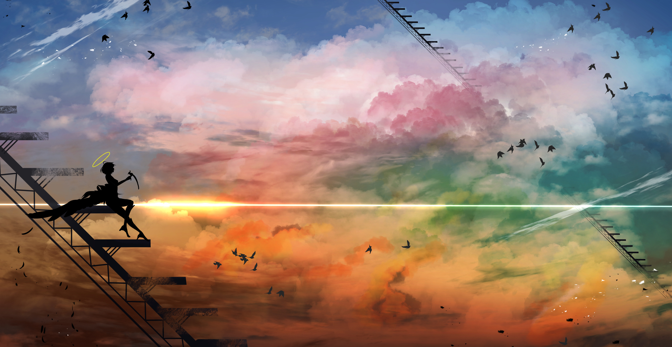 Laden Sie das Engel, Vogel, Treppe, Wolke, Original, Himmel, Sonnenuntergang, Animes-Bild kostenlos auf Ihren PC-Desktop herunter