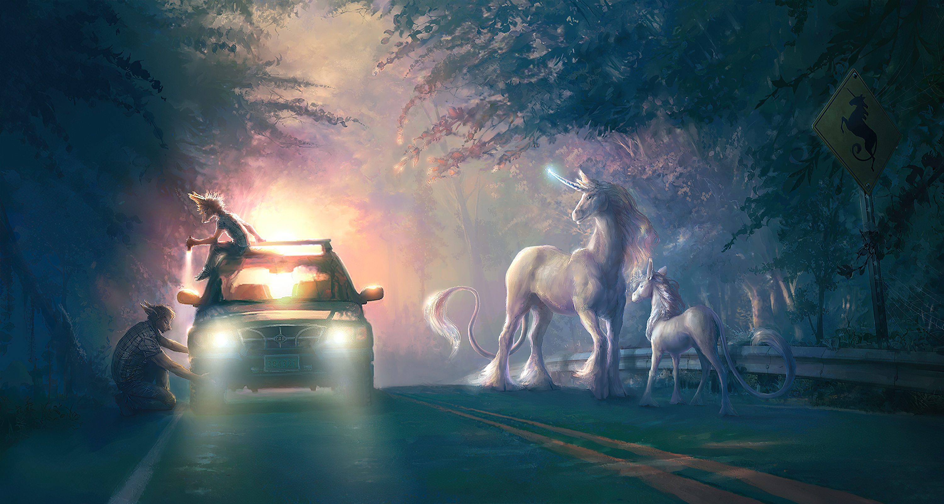 Free download wallpaper Fantasy, Night, Car, Unicorn, Fantasy Animals on your PC desktop