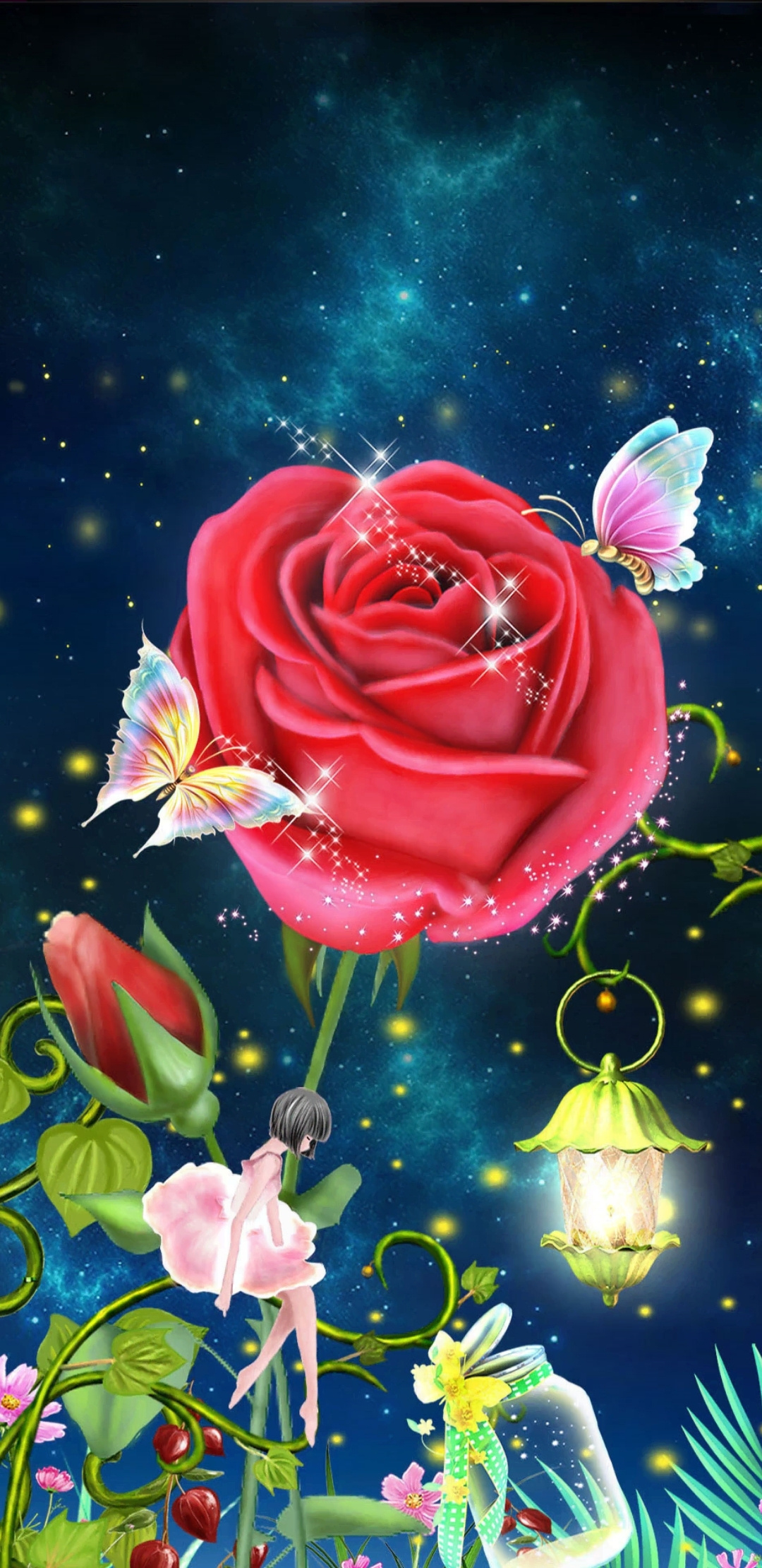 無料モバイル壁紙ファンタジー, 薔薇, 子, 妖精, 灯籠をダウンロードします。
