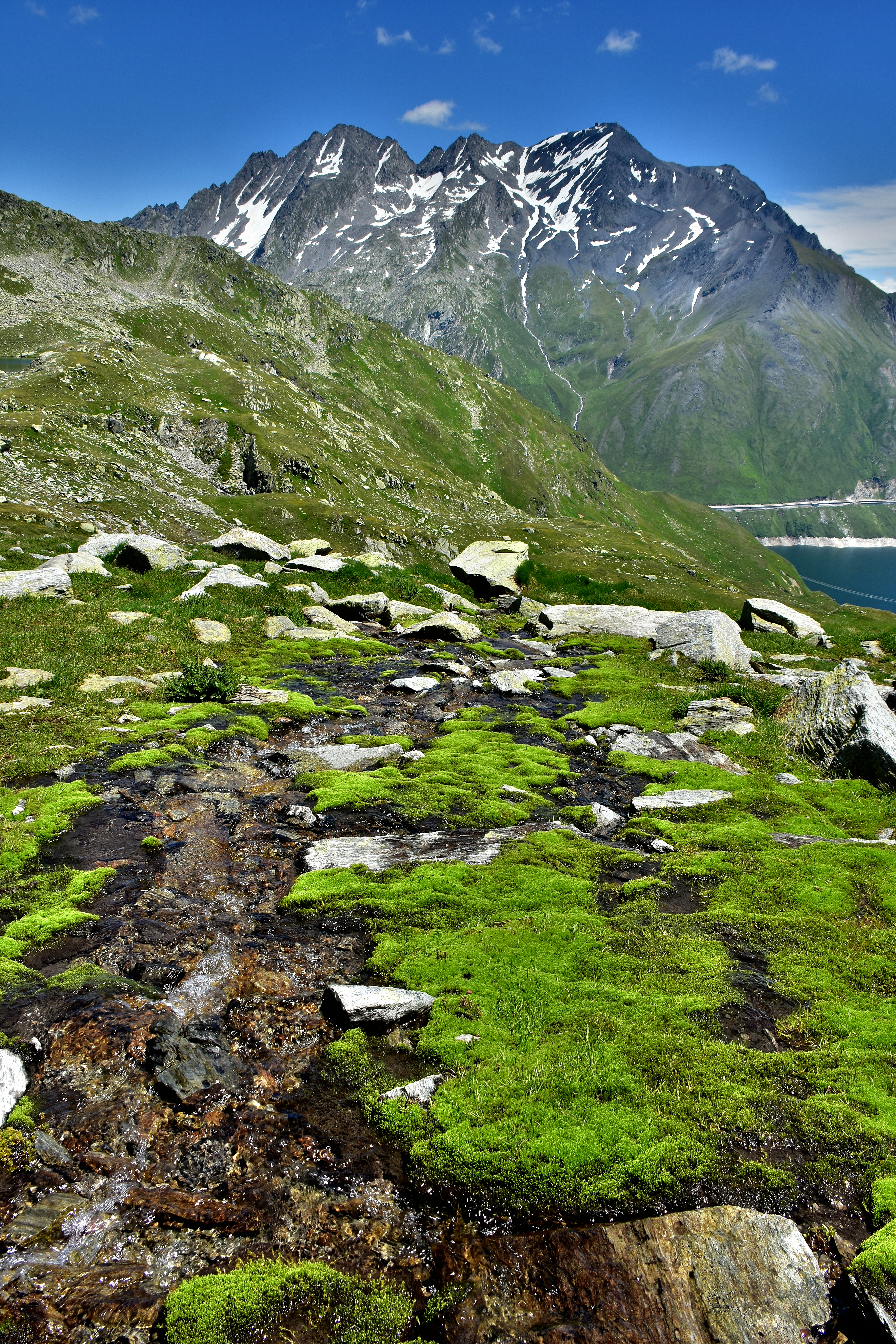 Download mobile wallpaper Rocks, Vertex, Tops, Lake, Mountains, Nature, Moss for free.
