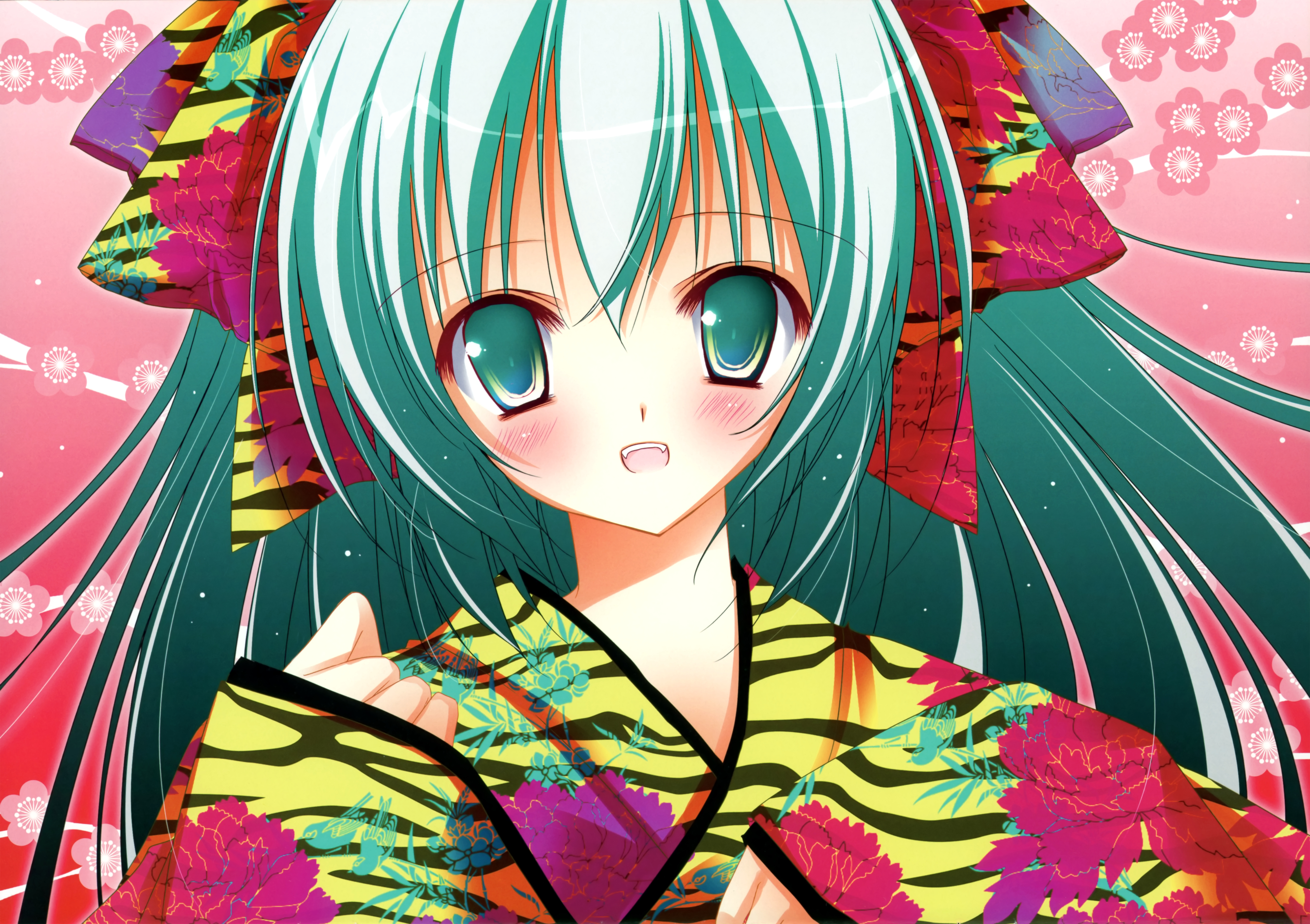 Download mobile wallpaper Anime, Smile, Kimono, Green Hair, Green Eyes, Original, Blush, Long Hair for free.