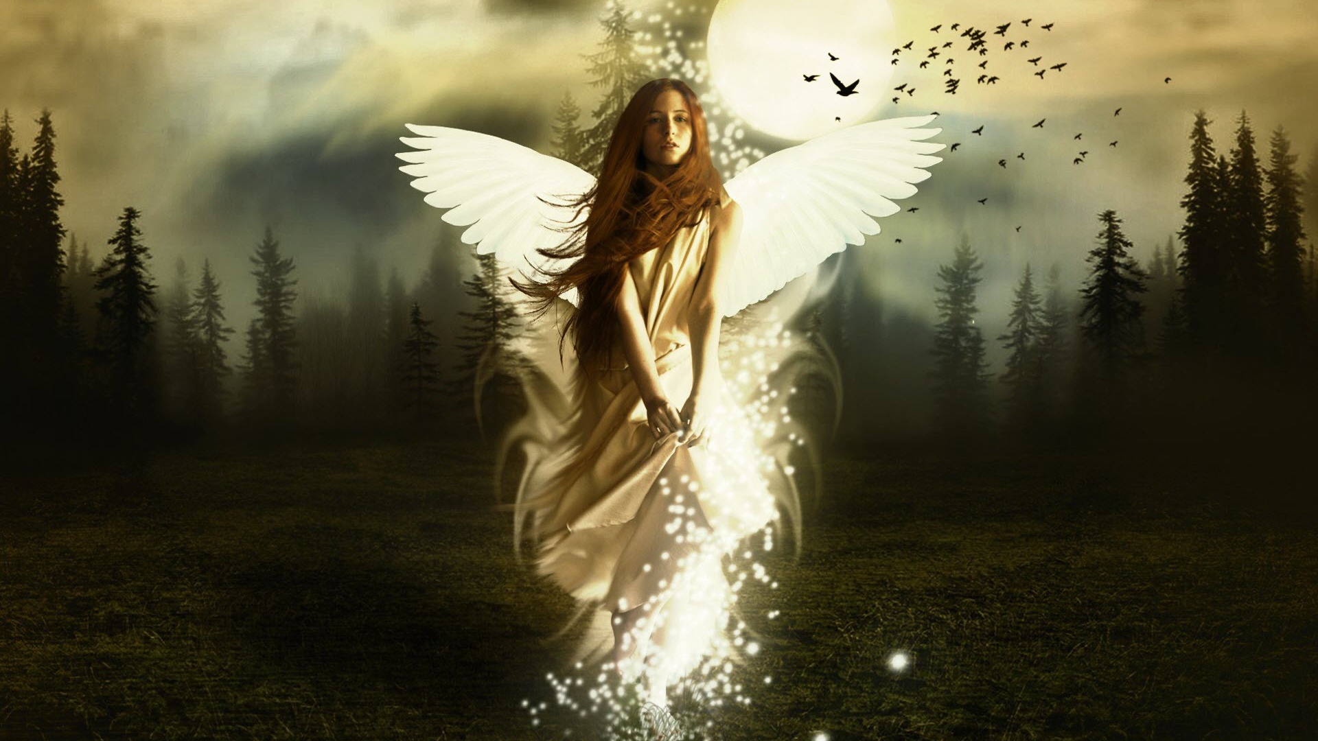 Laden Sie das Fantasie, Engel, Mond, Baum, Nebel, Flügel-Bild kostenlos auf Ihren PC-Desktop herunter
