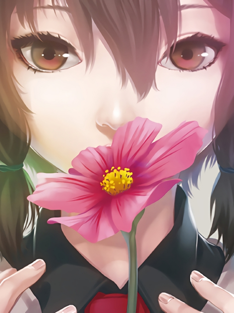 Download mobile wallpaper Anime, Flower, Girl, Brown Eyes, Brown Hair for free.
