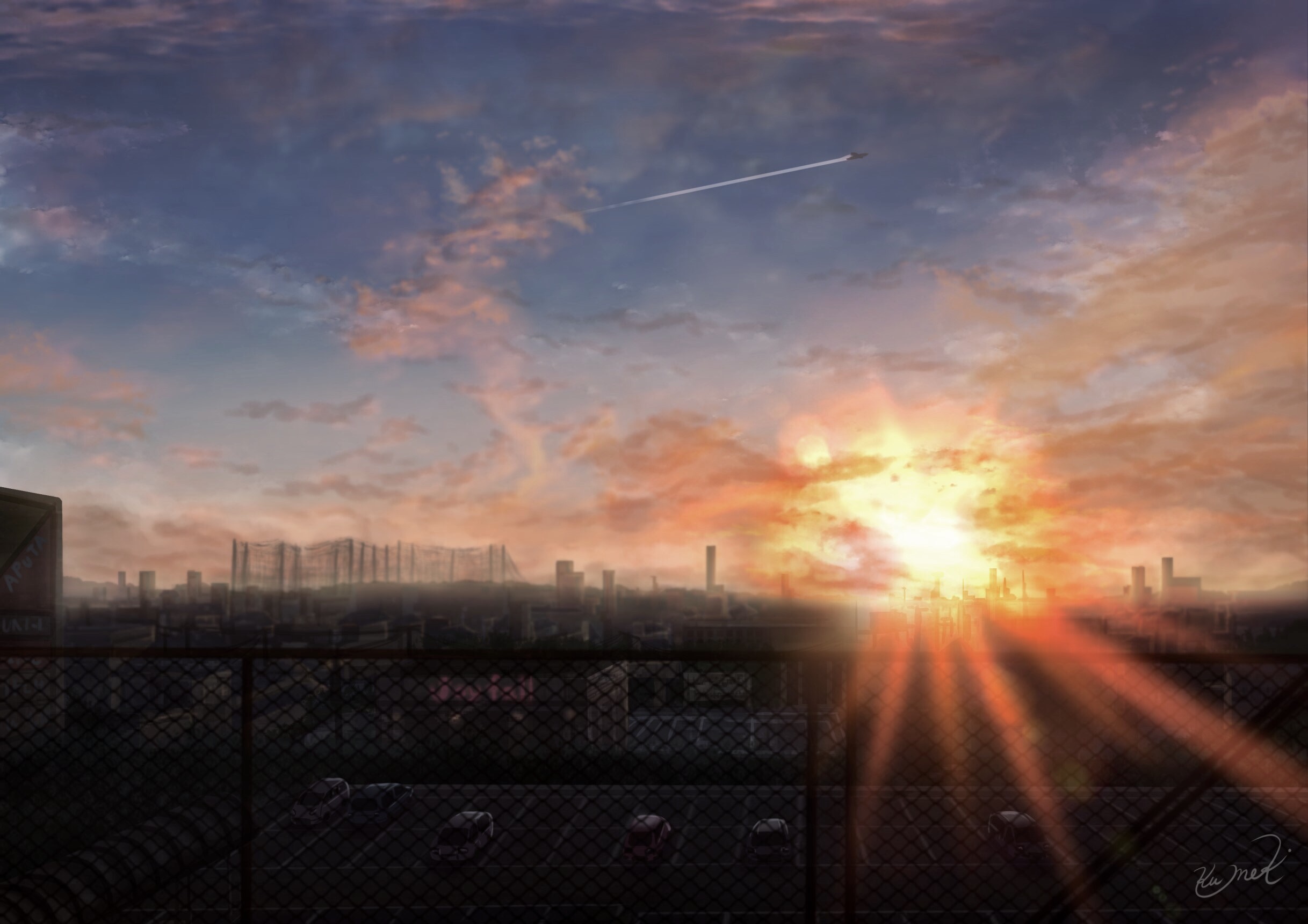 anime, original, city, cloud, fence, parking lot, sky, sunset