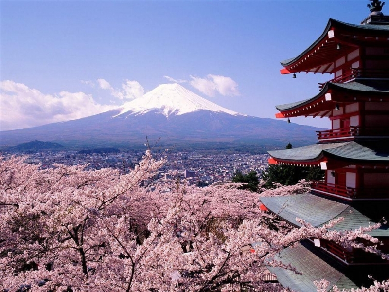 Handy-Wallpaper Landschaft, Mountains, Asien, Sakura kostenlos herunterladen.