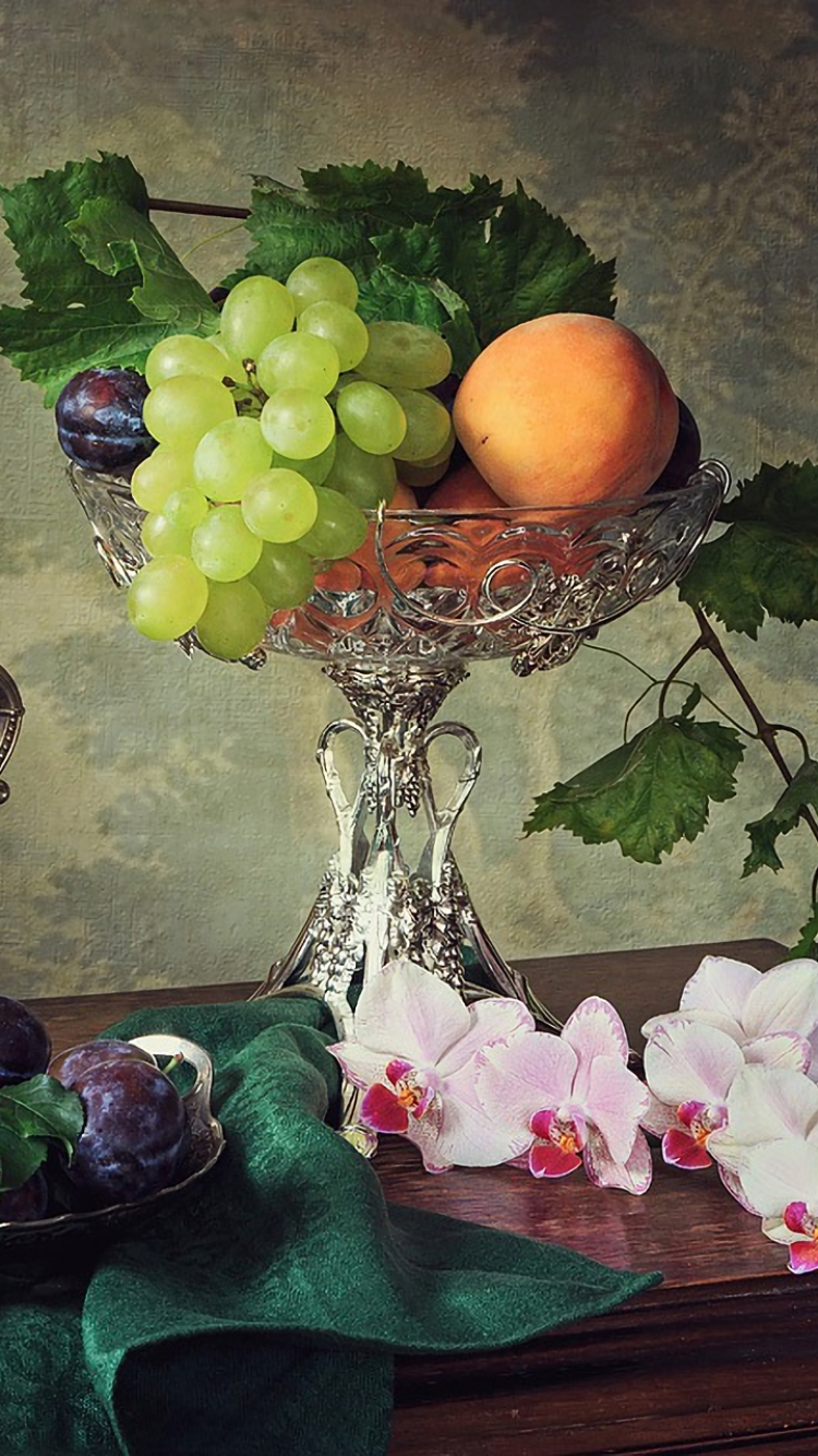 Download mobile wallpaper Grapes, Still Life, Plum, Fruit, Photography, Orchid, Pitcher for free.