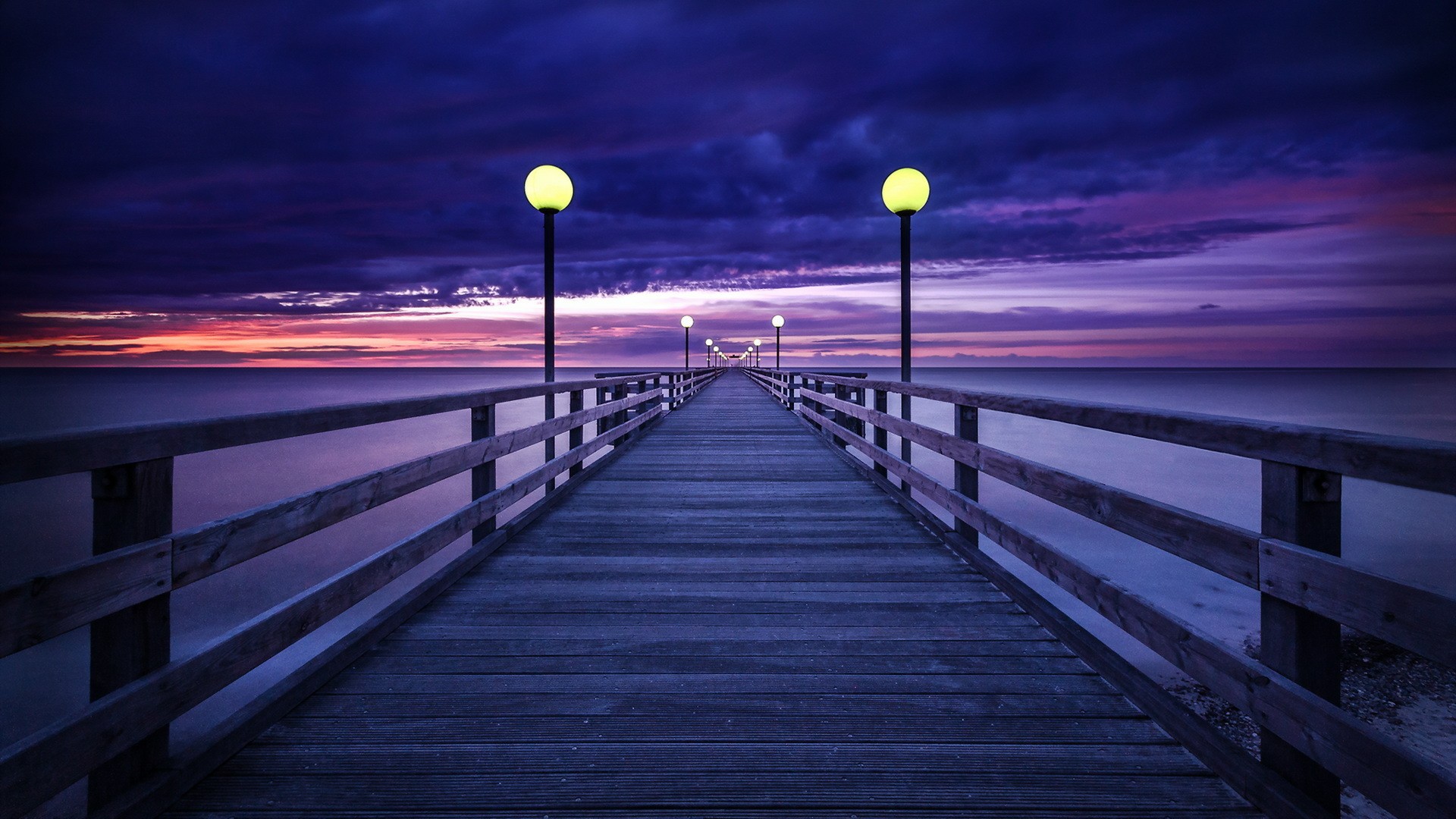 Download mobile wallpaper Sunset, Sky, Horizon, Pier, Purple, Man Made for free.