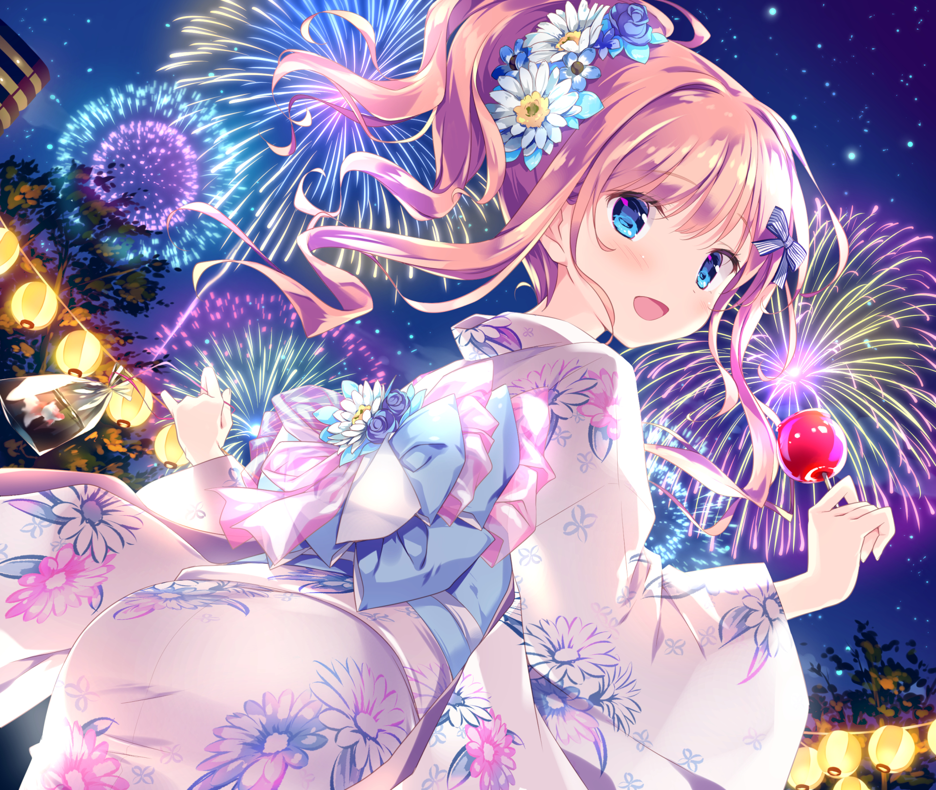 Free download wallpaper Anime, Apple, Flower, Smile, Girl, Fish, Kimono, Fireworks, Blue Eyes, Pink Hair, Blush, Long Hair, Ponytail on your PC desktop