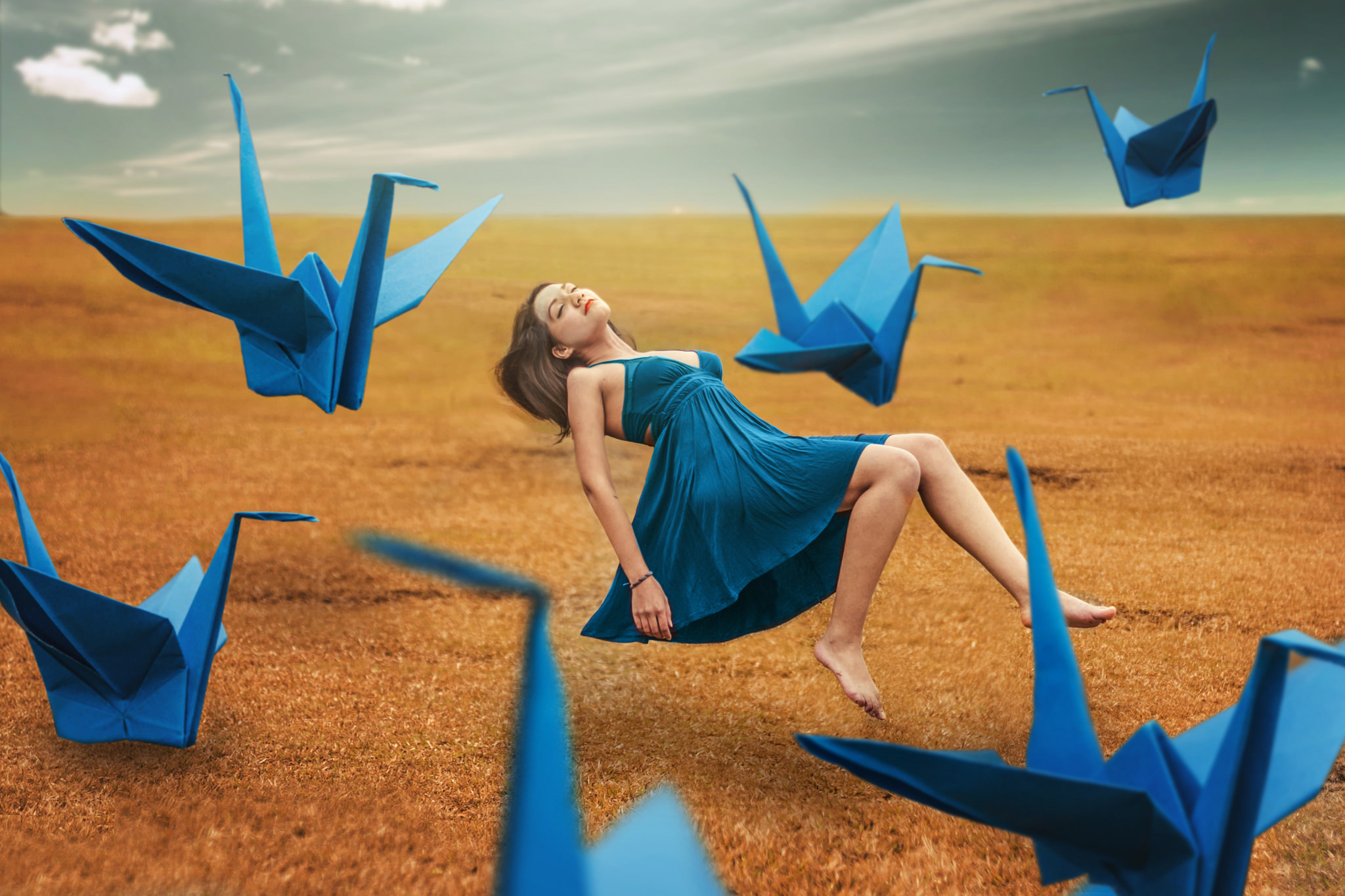 Download mobile wallpaper Mood, Photography, Origami, Manipulation, Blue Dress for free.