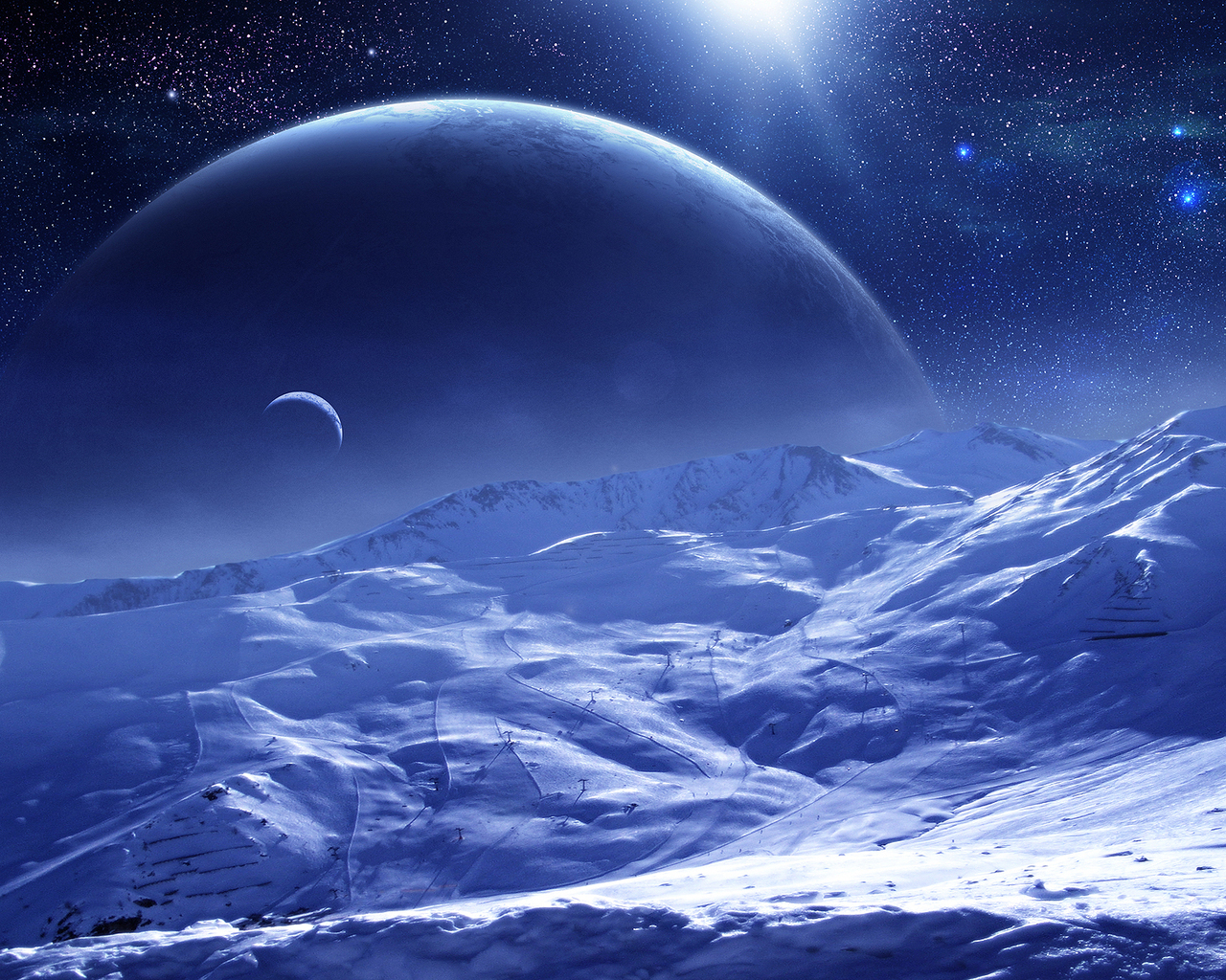 Download mobile wallpaper Snow, Landscape, Stars, Universe, Planets for free.
