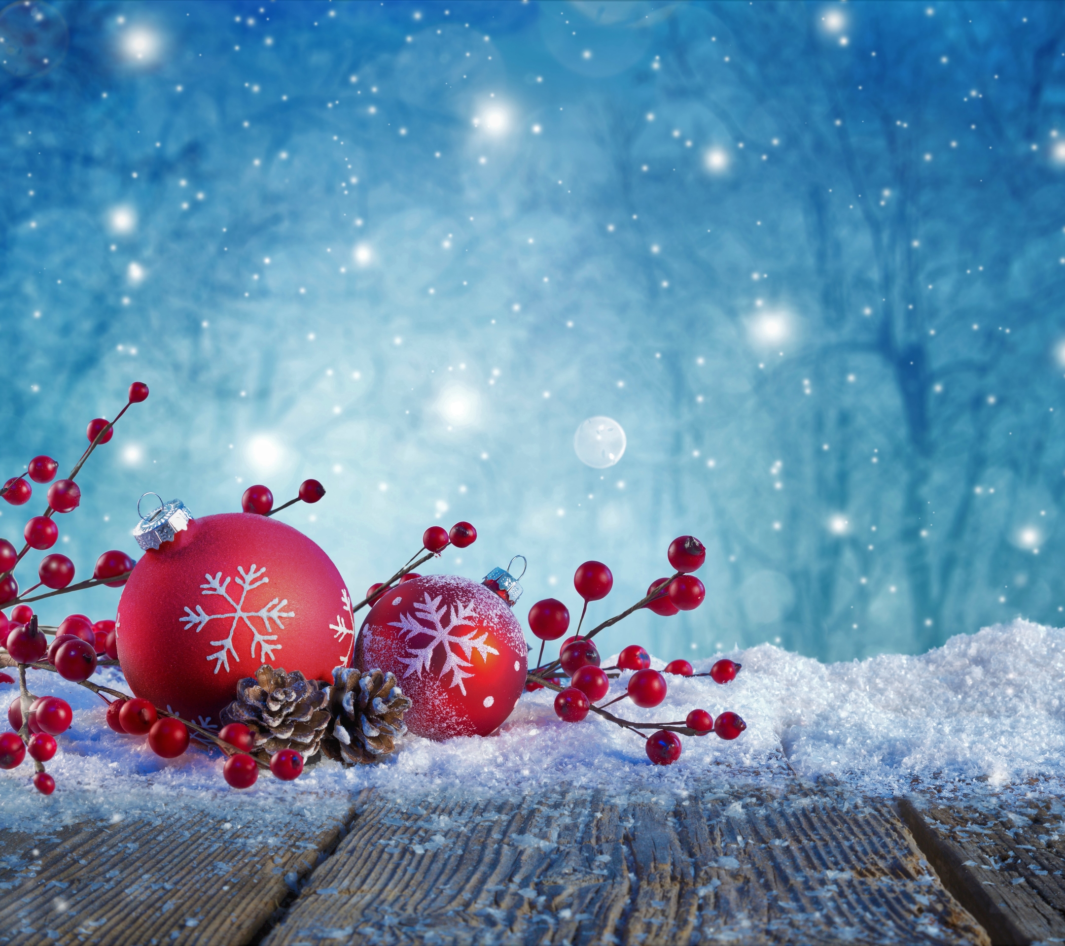 Handy-Wallpaper Feiertage, Schnee, Weihnachten, Beere, Frucht, Weihnachtsschmuck, Schneefall, Tannenzapfen kostenlos herunterladen.