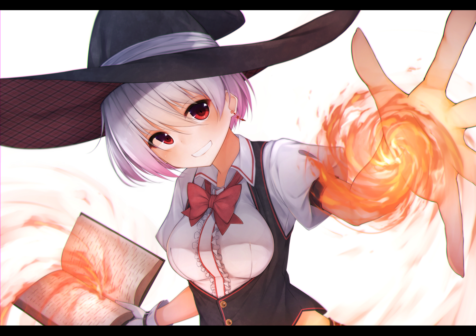 Download mobile wallpaper Anime, Magic, Fire, Smile, Book, Hat, Original, Witch, Red Eyes, Short Hair, Purple Hair, Bow (Clothing) for free.