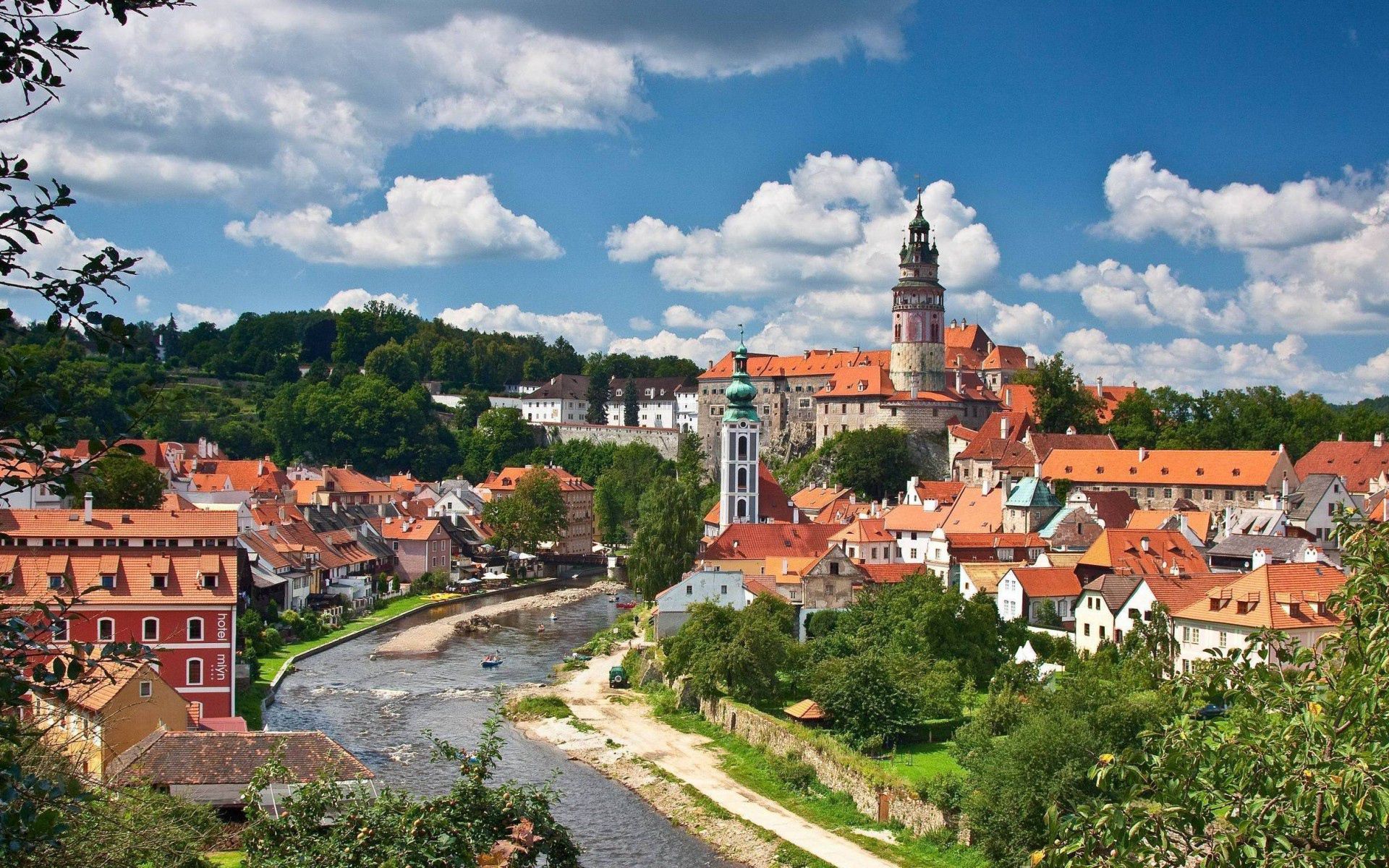 79862 завантажити картинку міста, будинки, річка, дерева, будівля, чехія - шпалери і заставки безкоштовно