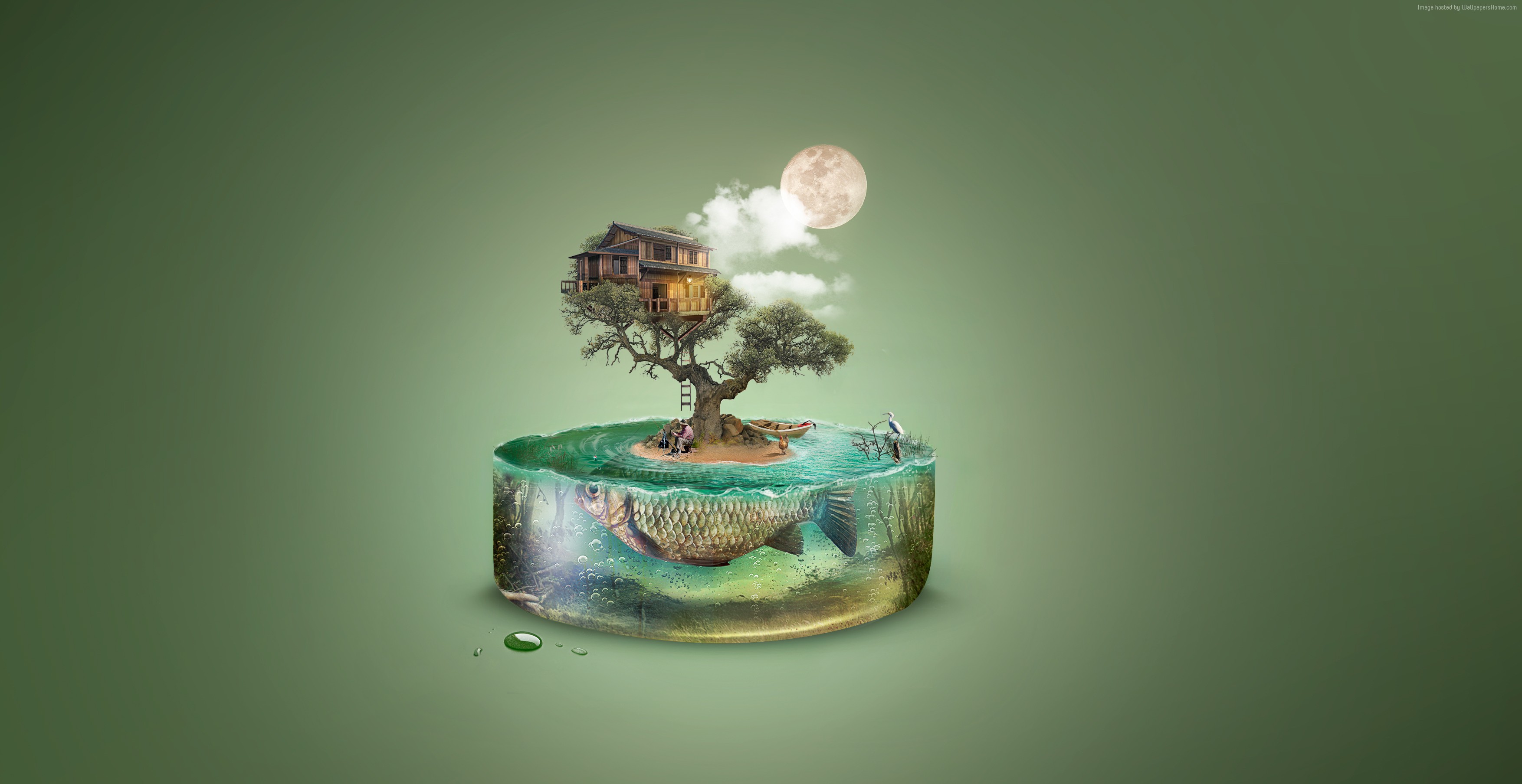 Download mobile wallpaper Tree, House, Island, Artistic, Fish, Underwater, Surreal for free.