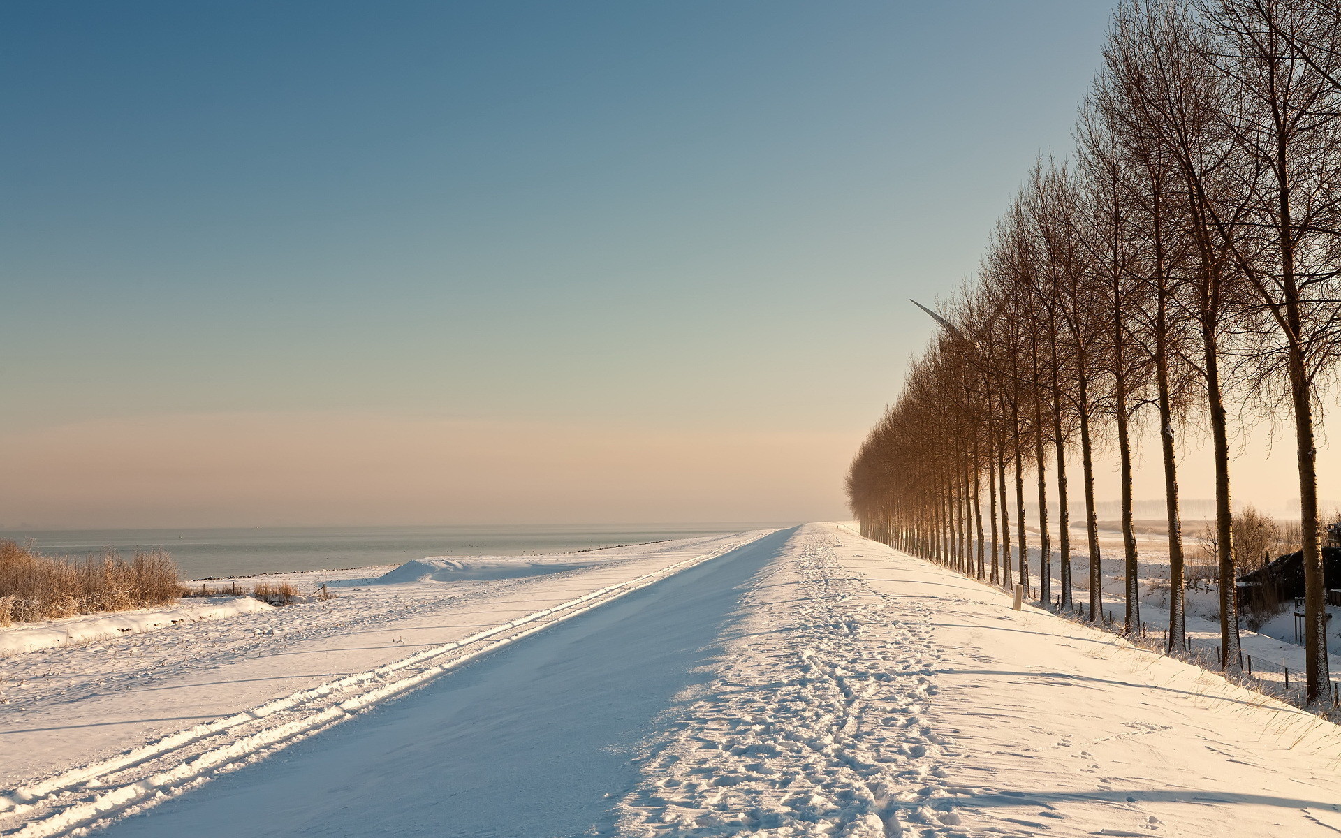 Free download wallpaper Landscape, Winter, Trees, Roads, Snow on your PC desktop