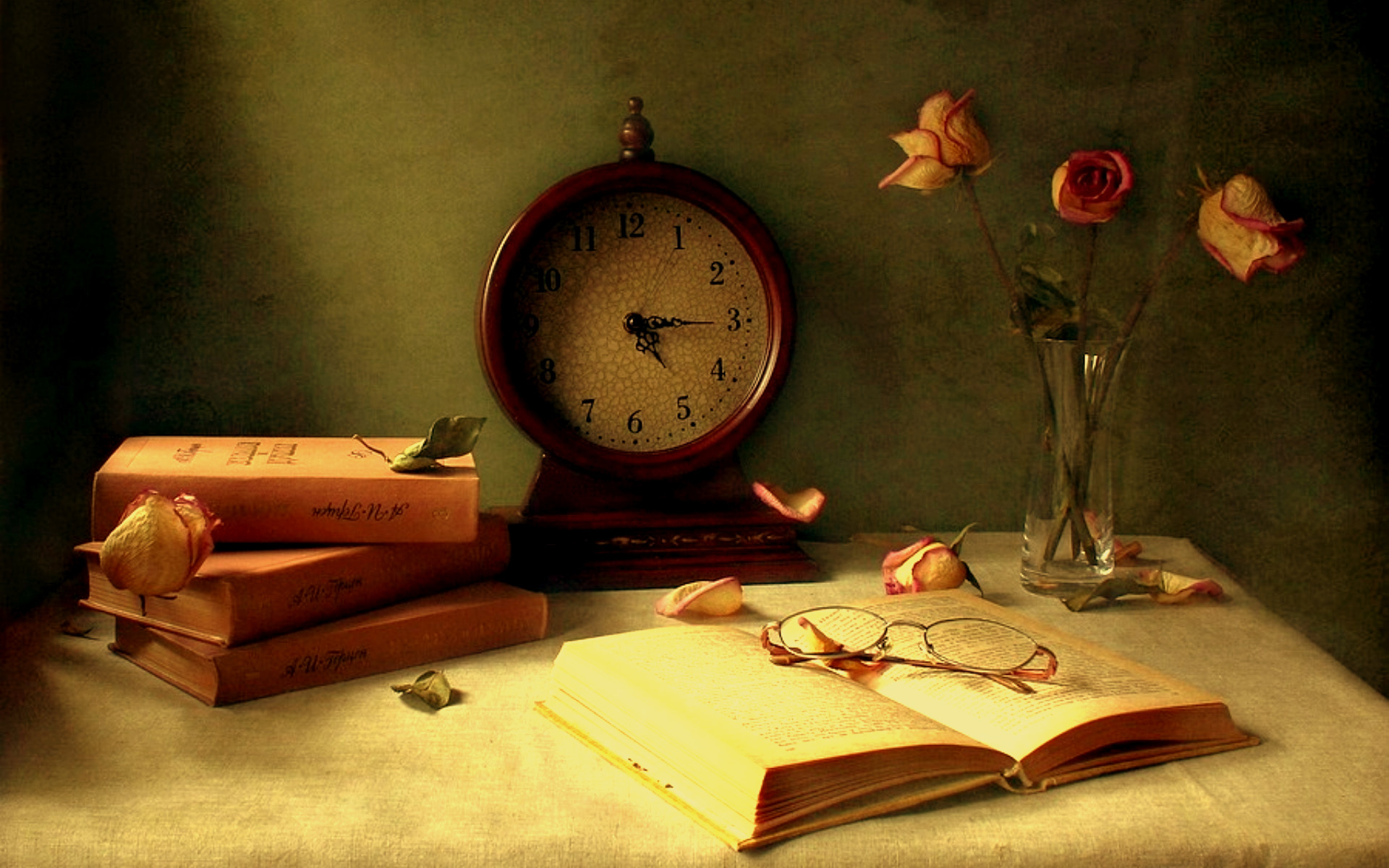 Download mobile wallpaper Clock, Still Life, Vintage, Book, Tulip, Glasses, Photography for free.