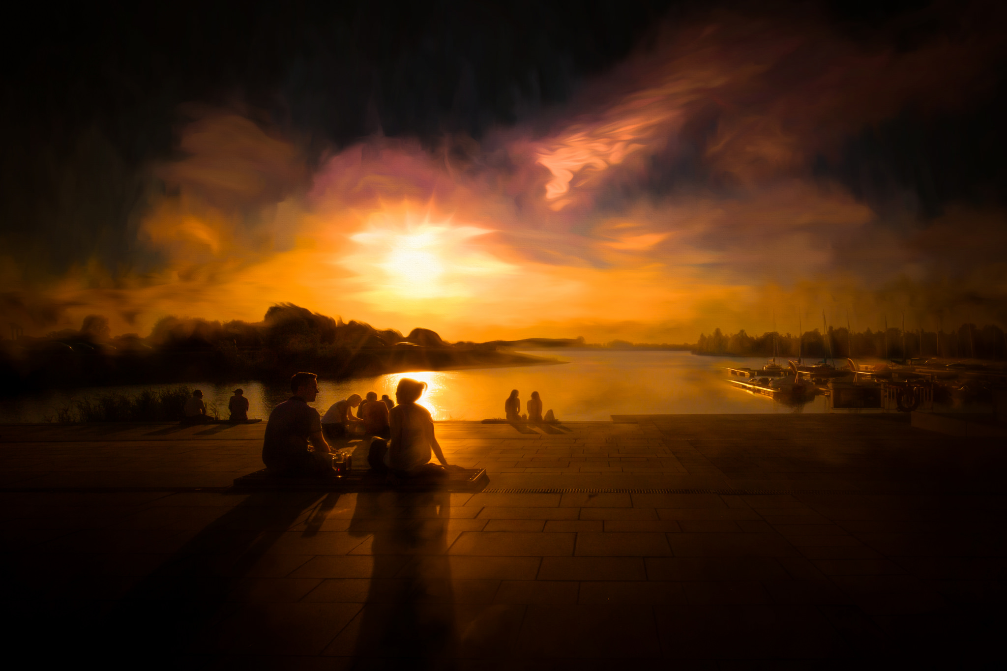 Free download wallpaper People, Water, Sunset, Sun, Painting, Photography on your PC desktop