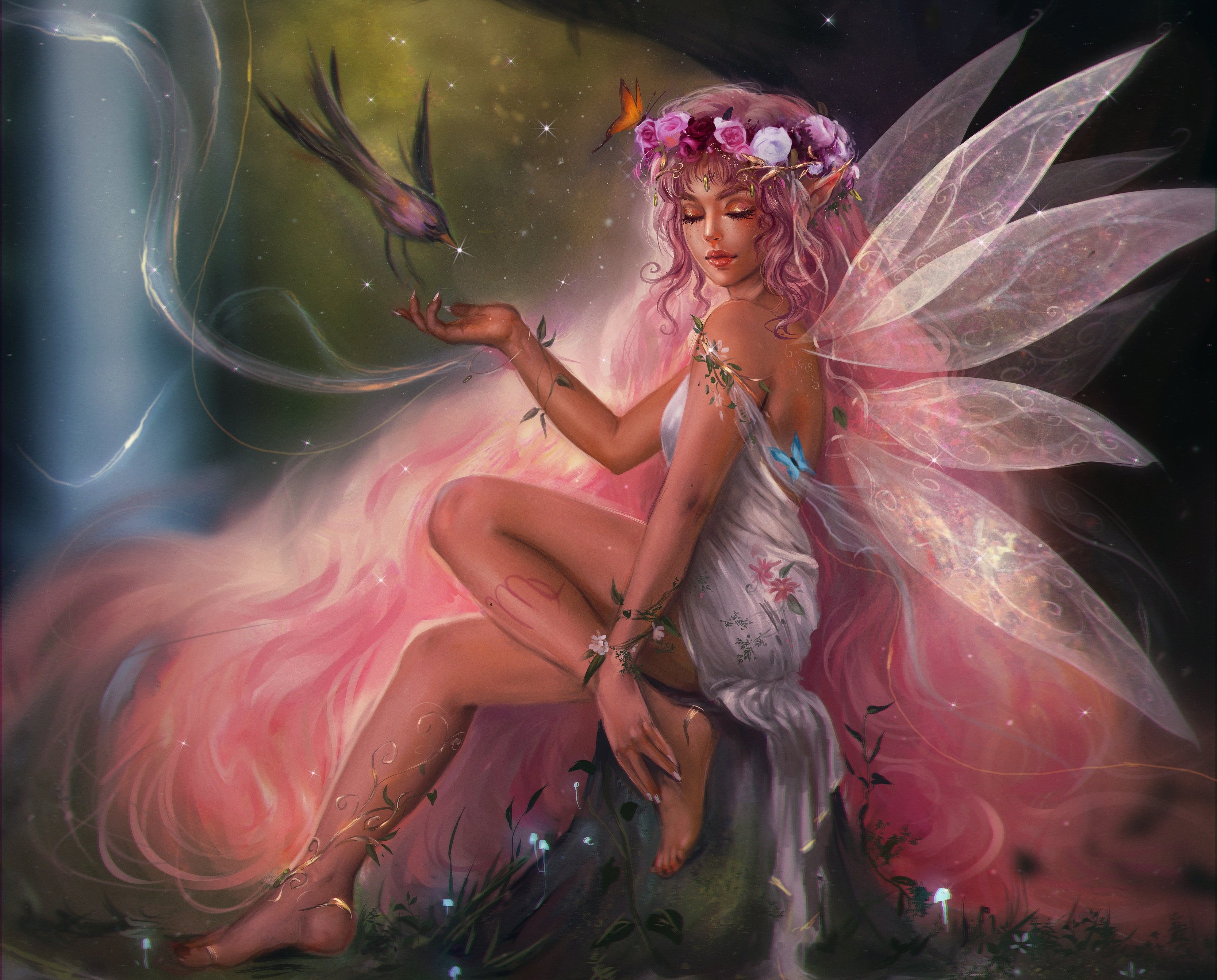 Download mobile wallpaper Fantasy, Flower, Bird, Wings, Mood, Fairy, Pink Hair for free.