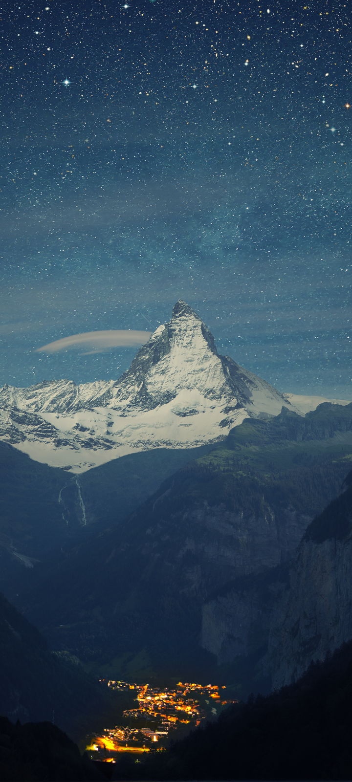 Download mobile wallpaper Landscape, Mountain, Peak, Starry Sky, Switzerland, Valley, Photography, Matterhorn for free.