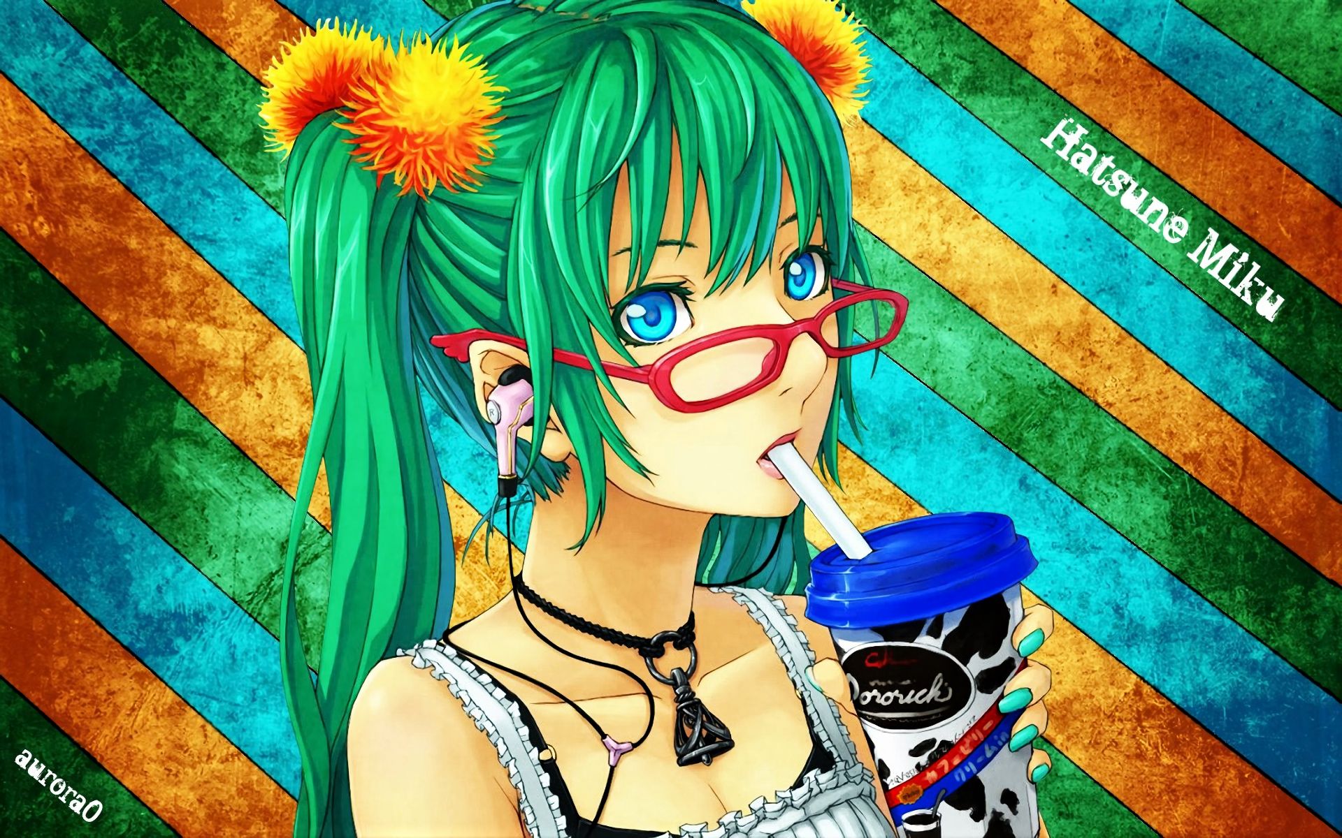 Handy-Wallpaper Farben, Bunt, Vocaloid, Brille, Grüne Haare, Blaue Augen, Hatsune Miku, Animes kostenlos herunterladen.