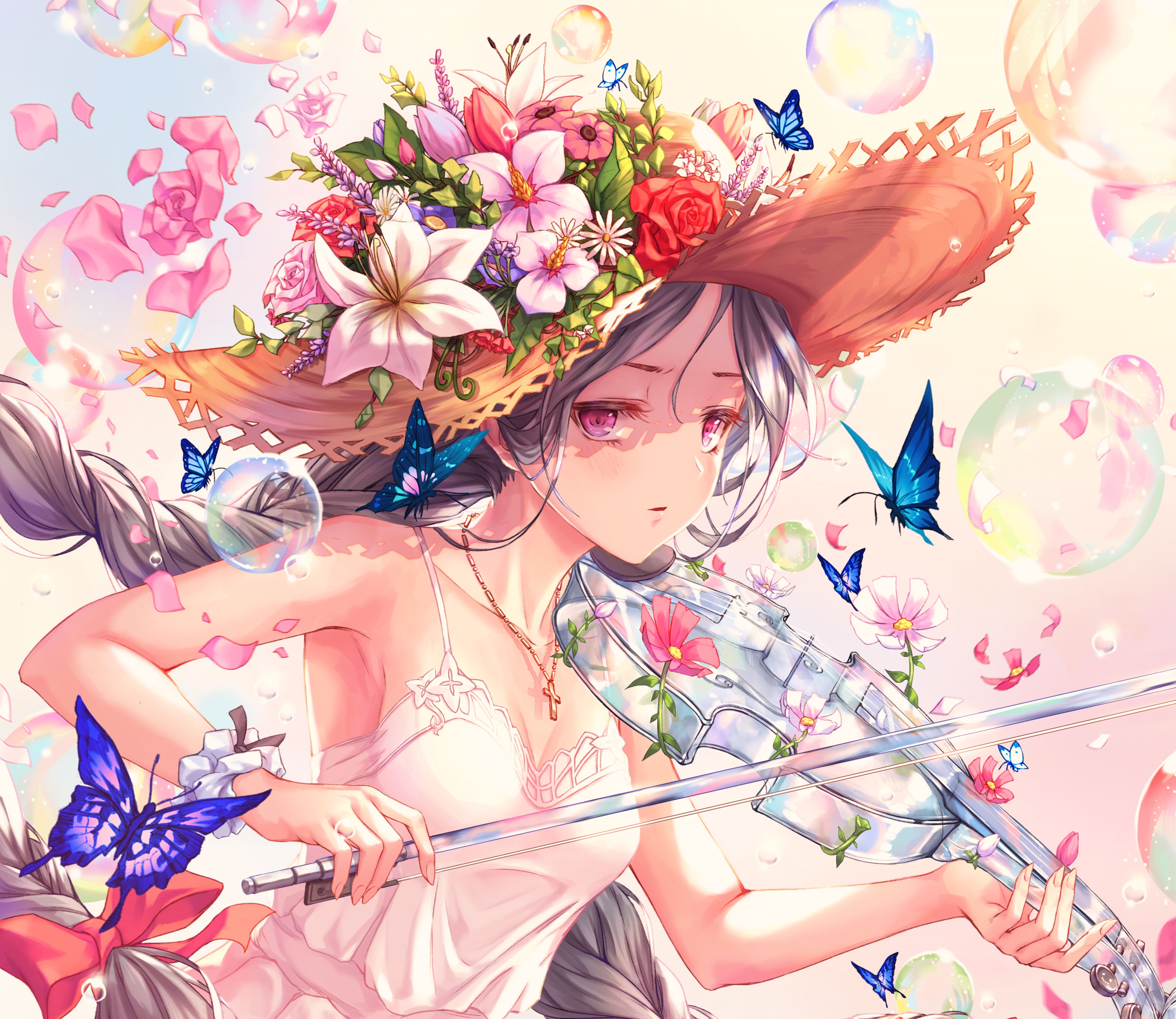 violin, anime, music, bubble, butterfly, flower, hat, long hair, necklace, pink eyes, twintails, violinist