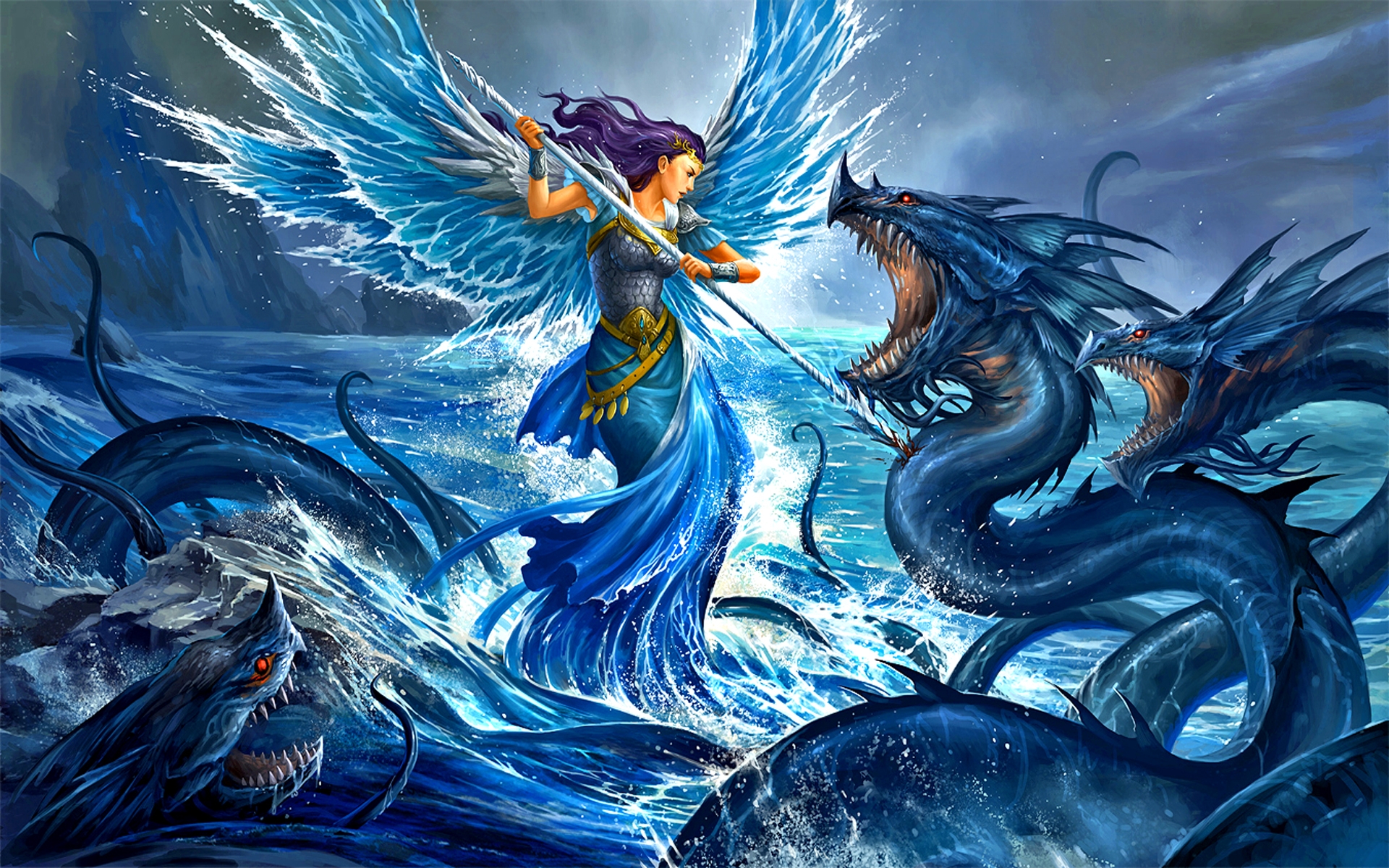 無料モバイル壁紙ファンタジー, 天使, 生き物, 海の怪物, 天使の戦士をダウンロードします。