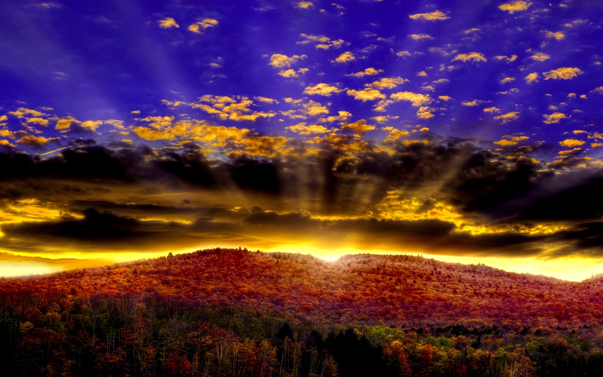 Free download wallpaper Sunset, Sun, Mountain, Forest, Sunrise, Earth, Cloud, Sunbeam on your PC desktop