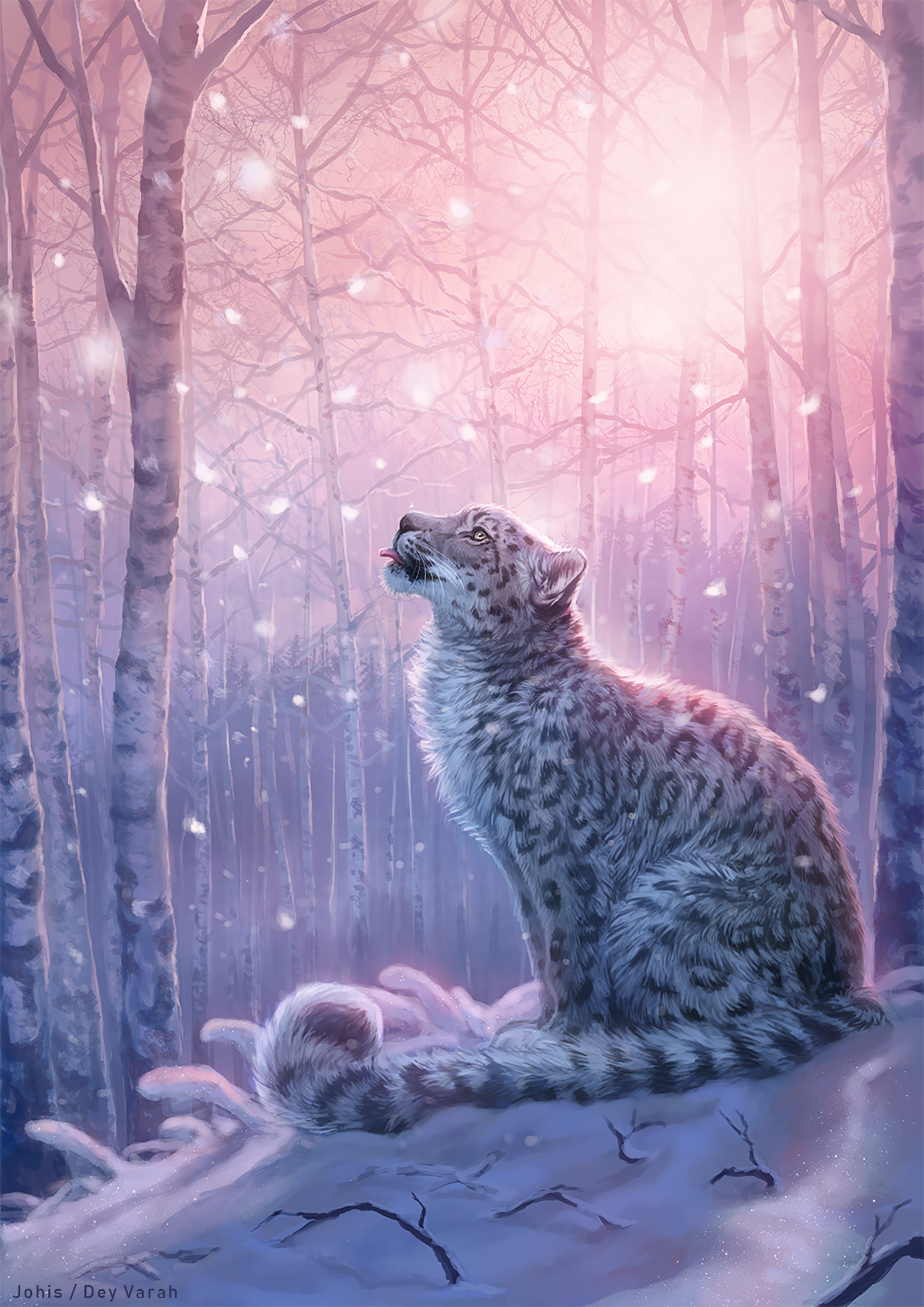 104785 скачать обои леопард, снежный барс, ирбис, арт, снег, лес - заставки и картинки бесплатно