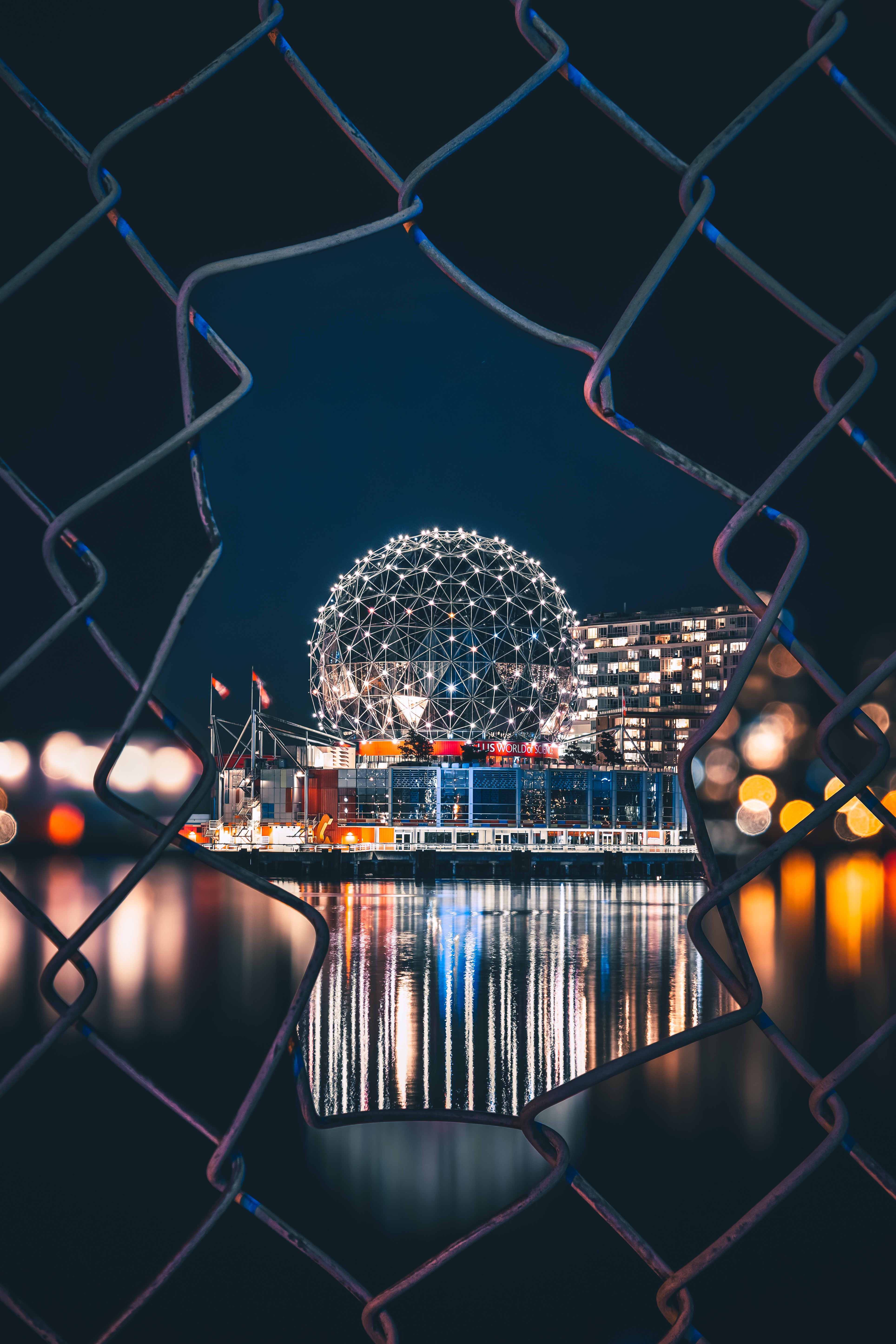 vancouver, night city, canada, architecture, cities, city lights, fence cellphone