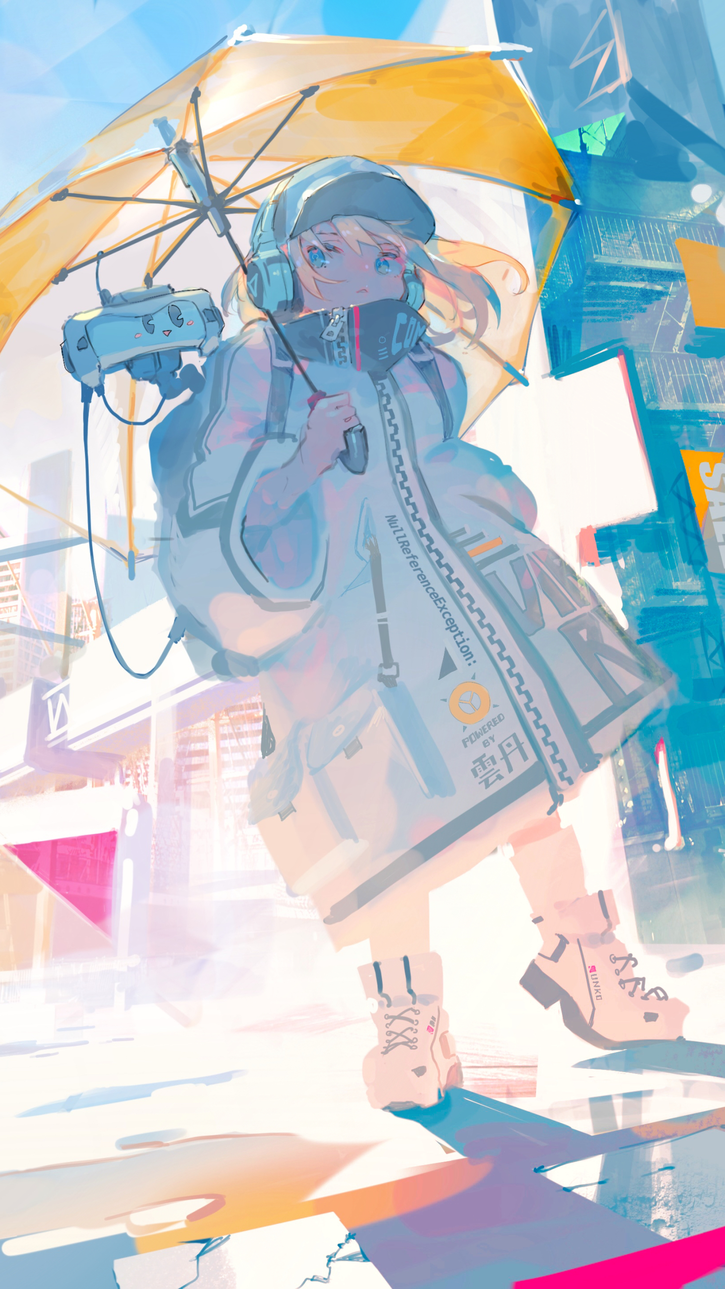 Download mobile wallpaper Anime, City, Umbrella, Blonde, Original for free.