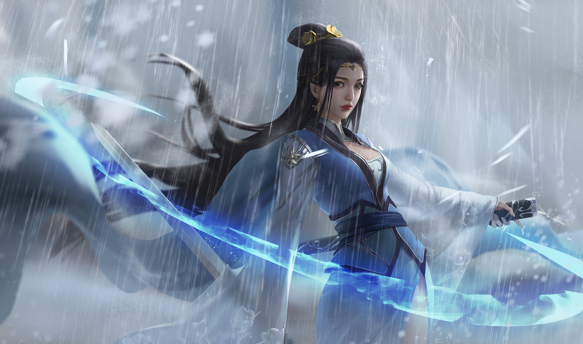 Free download wallpaper Fantasy, Rain, Sword, Asian, Black Hair, Long Hair, Women Warrior, Woman Warrior on your PC desktop