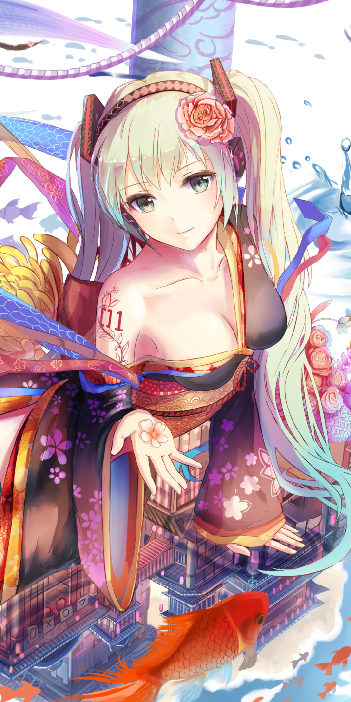 Download mobile wallpaper Anime, Flower, Smile, Tattoo, Fish, Vocaloid, Cherry Blossom, Headband, Hatsune Miku, Long Hair, White Hair, Twintails, Yukata, Japanese Clothes for free.