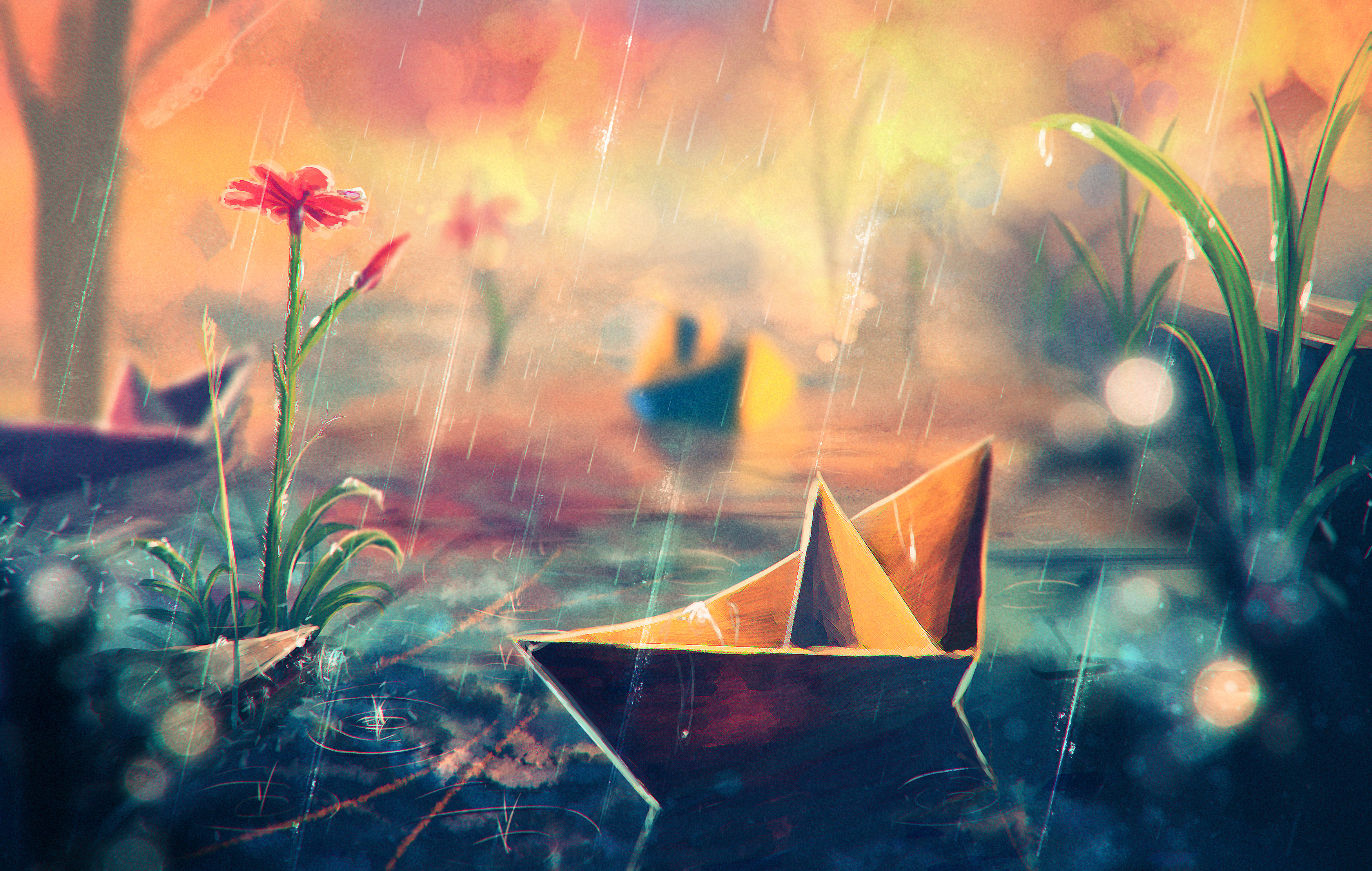 anime, rain, flower, paper boat