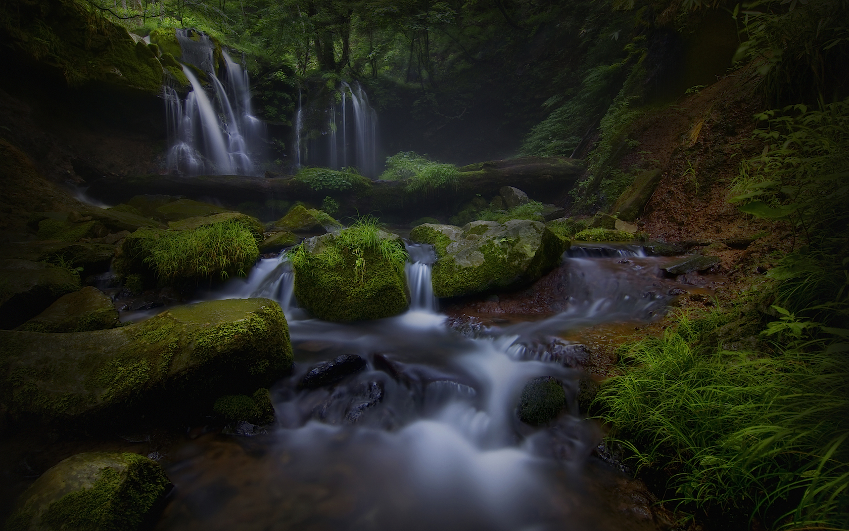 Free download wallpaper Waterfalls, Dark, Waterfall, Forest, Tree, Earth on your PC desktop