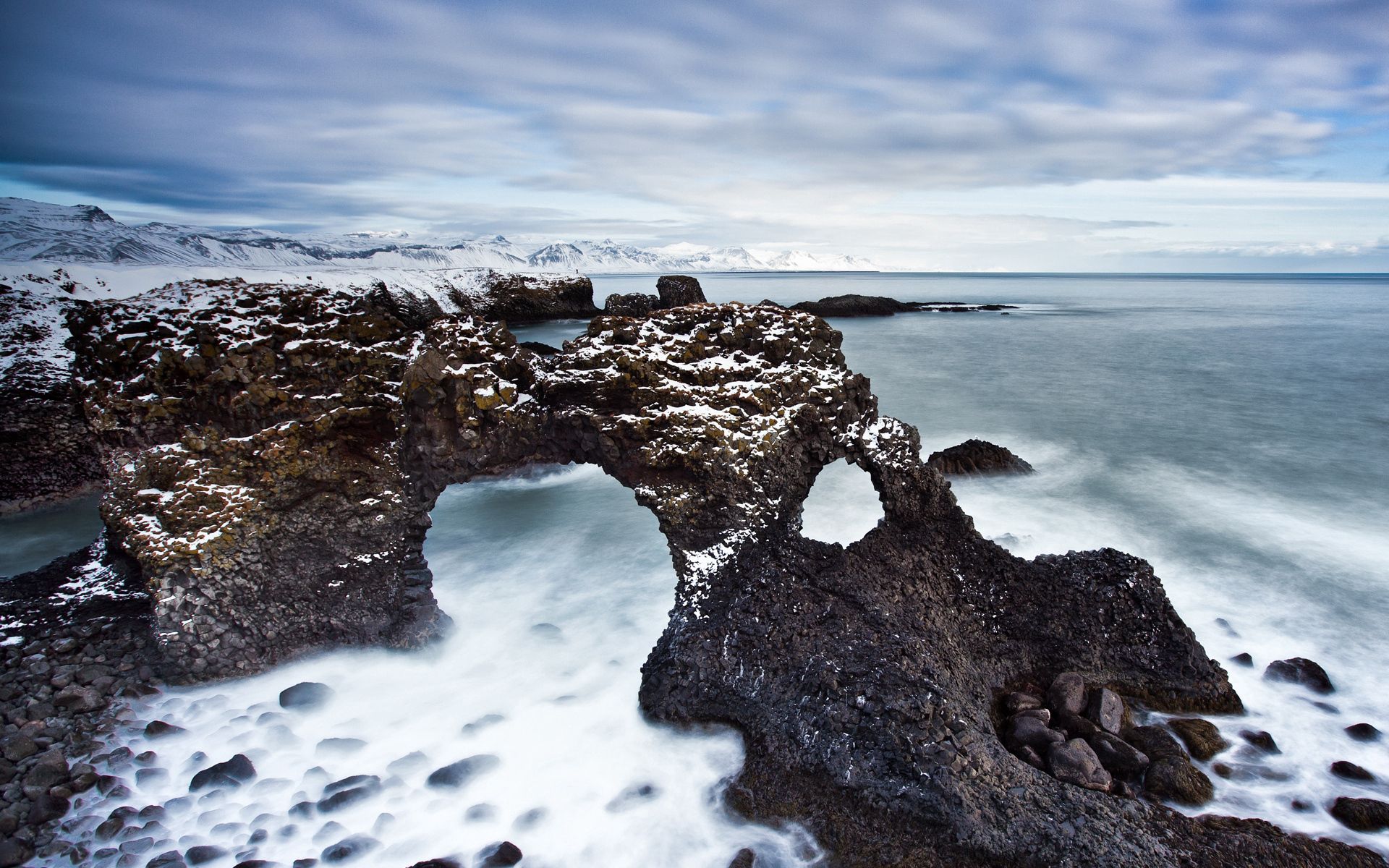 nature, snow, shore, bank, arch, haze, cold, reefs, arches, emptiness, void, rocky, stony