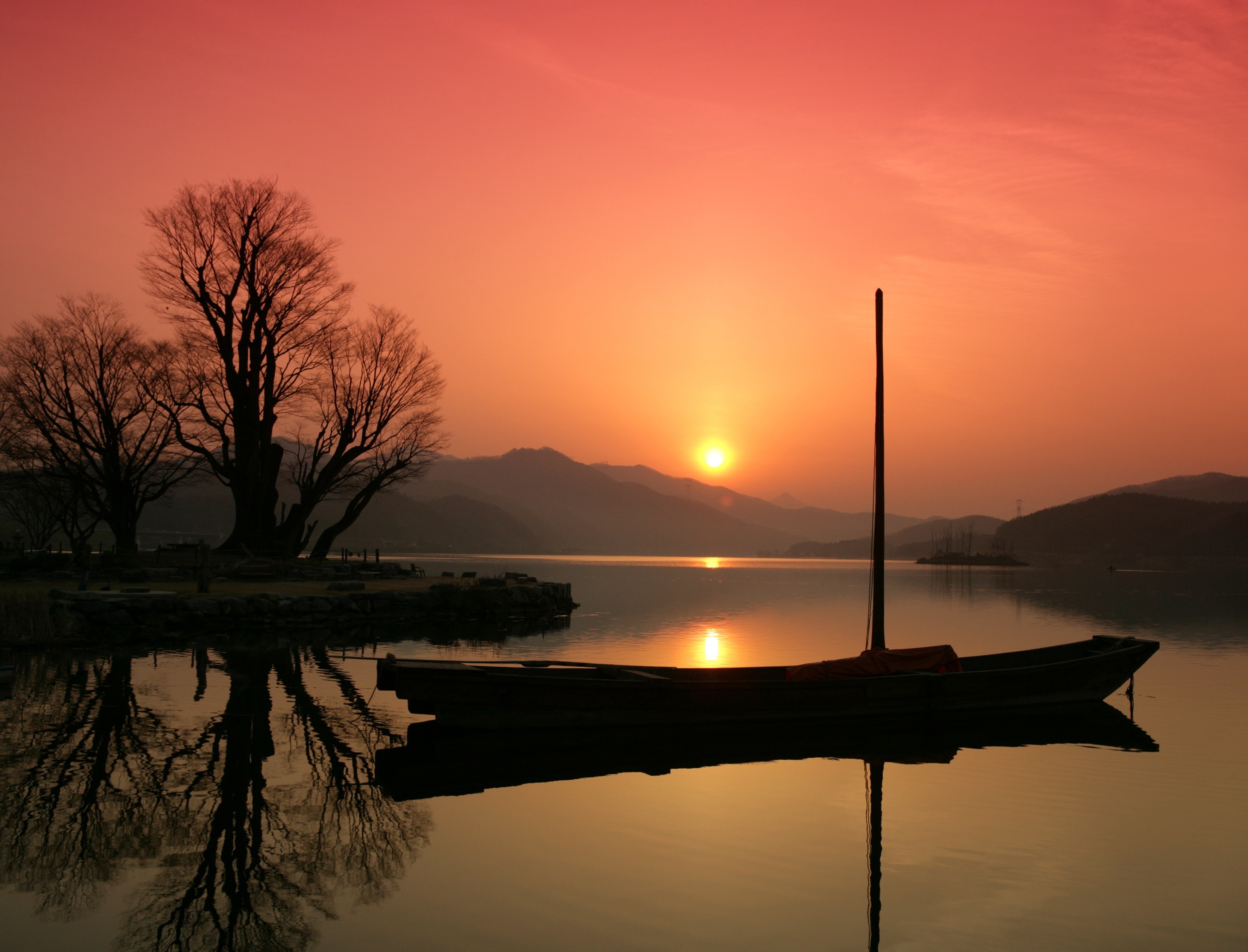 sunrise, silhouette, south korea, boat, lake, photography, tree
