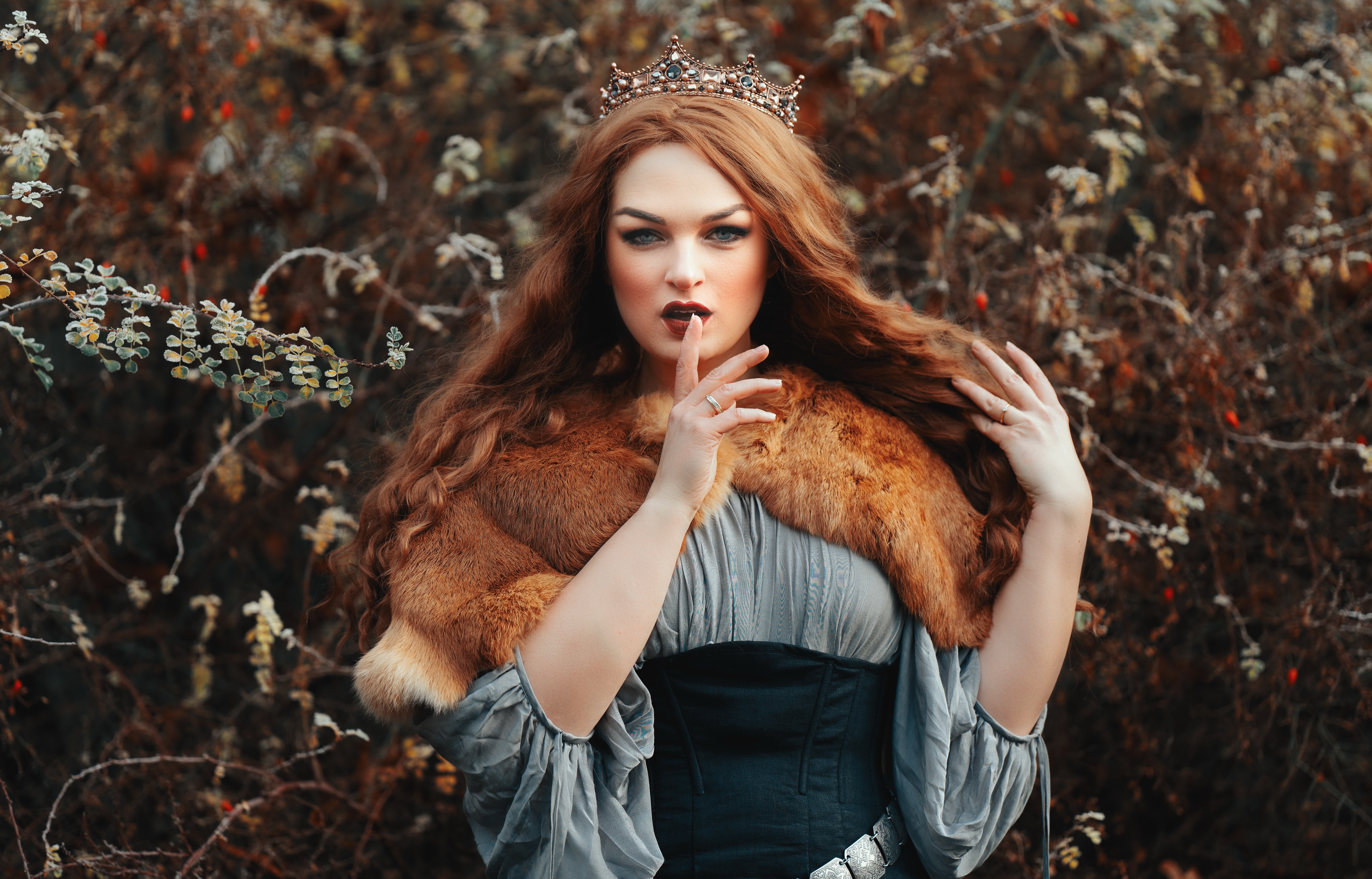 Download mobile wallpaper Crown, Redhead, Fur, Model, Women, Blue Eyes, Long Hair, Lipstick for free.