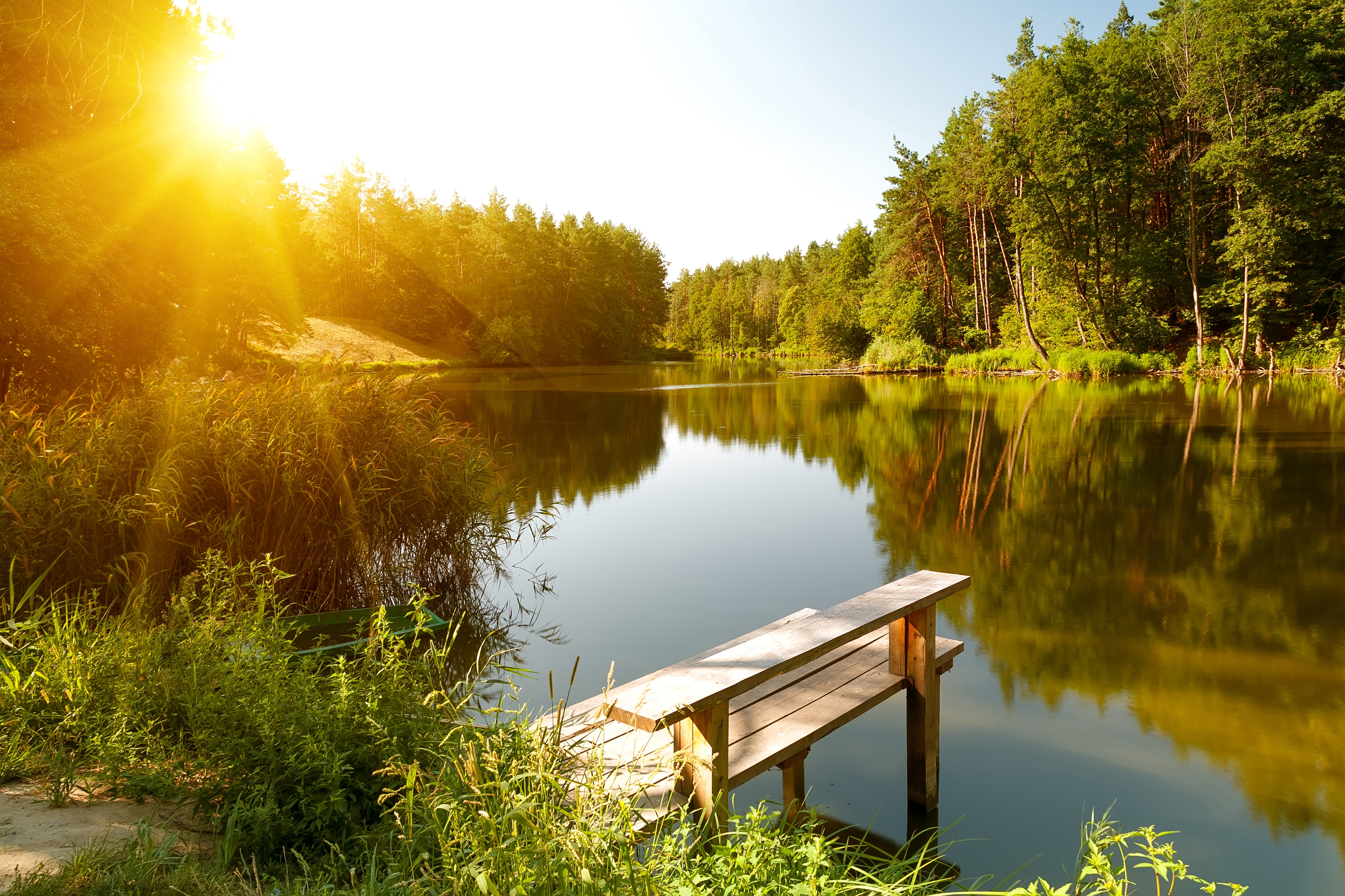 Free download wallpaper Nature, Sunset, Reflection, Wood, Bench, Pond, Photography, Sunbeam on your PC desktop