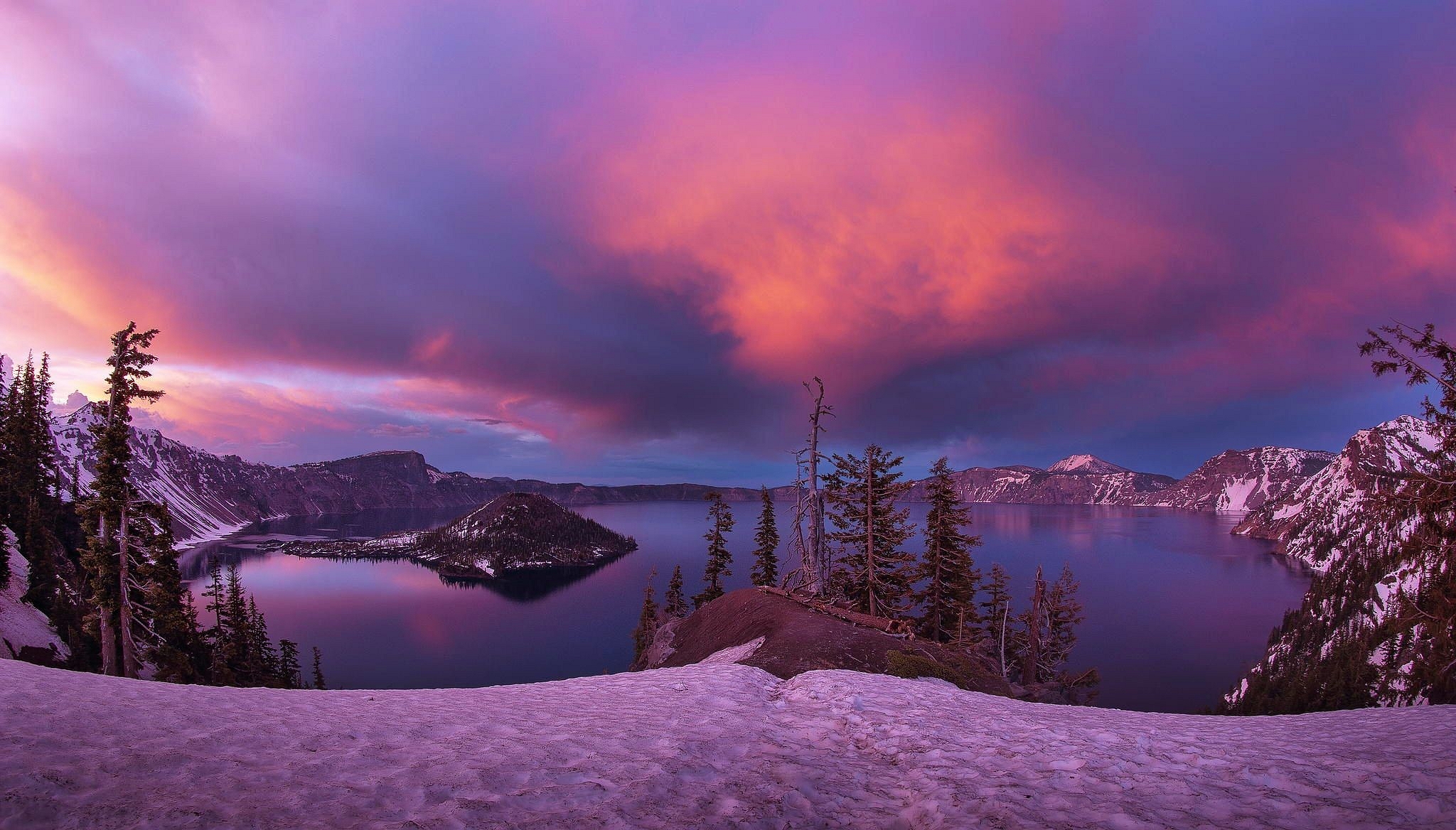 Download mobile wallpaper Winter, Sunset, Sky, Pink, Snow, Mountain, Lake, Forest, Tree, Earth, Crater Lake for free.