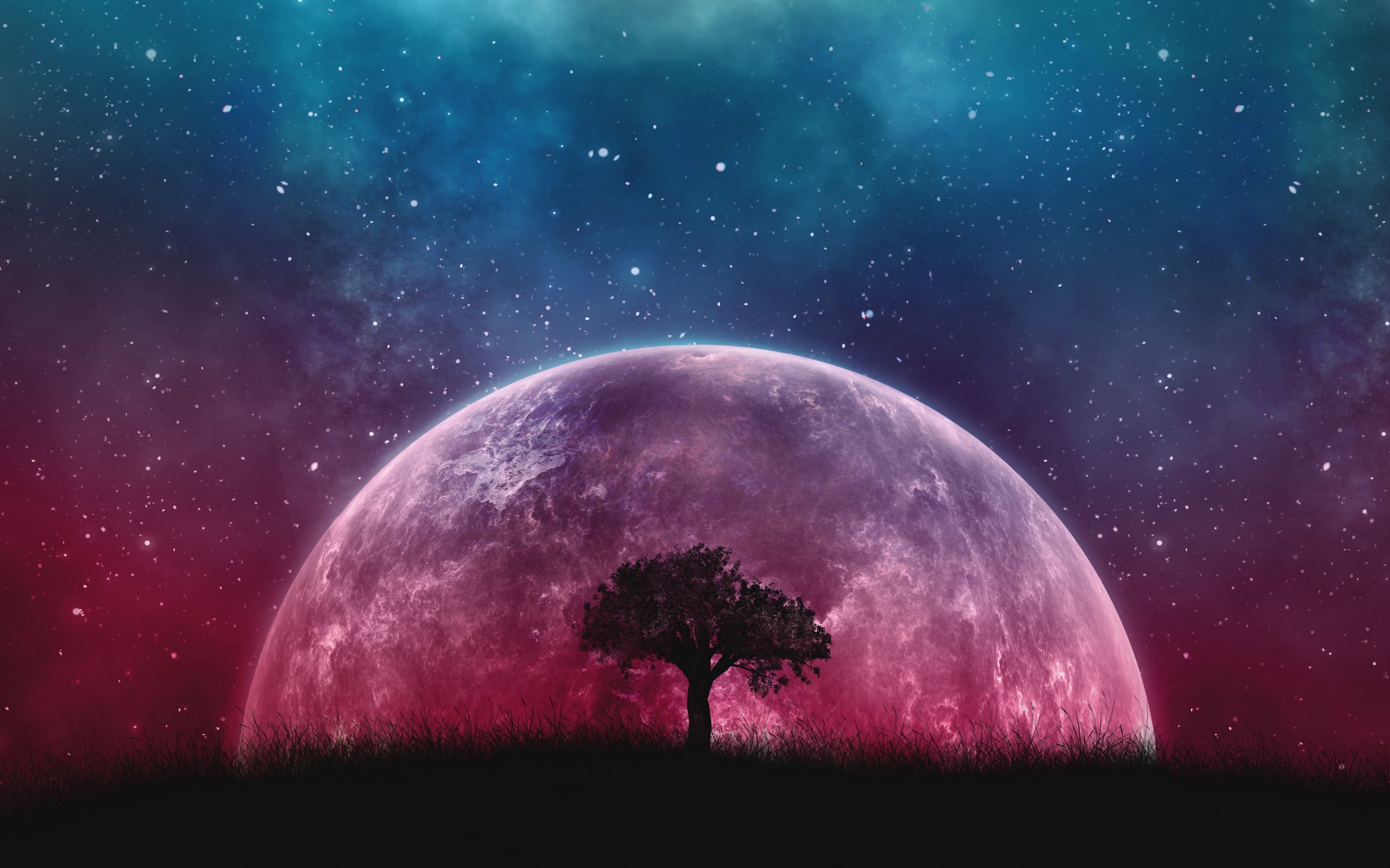 Download mobile wallpaper Sky, Stars, Pink, Night, Tree, Planet, Sci Fi, Planet Rise for free.