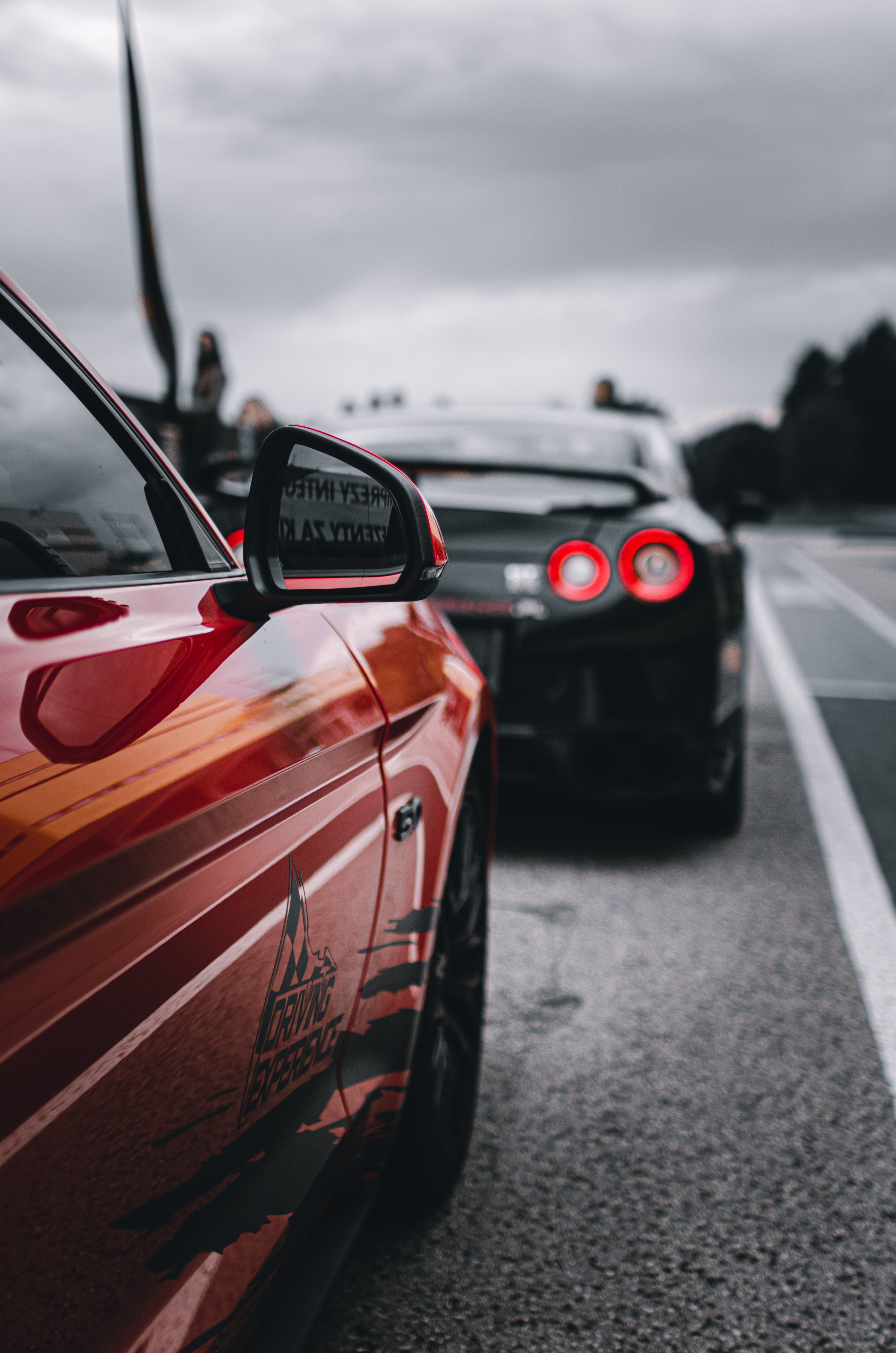 nissan gtr, black, ford mustang, cars, red, road
