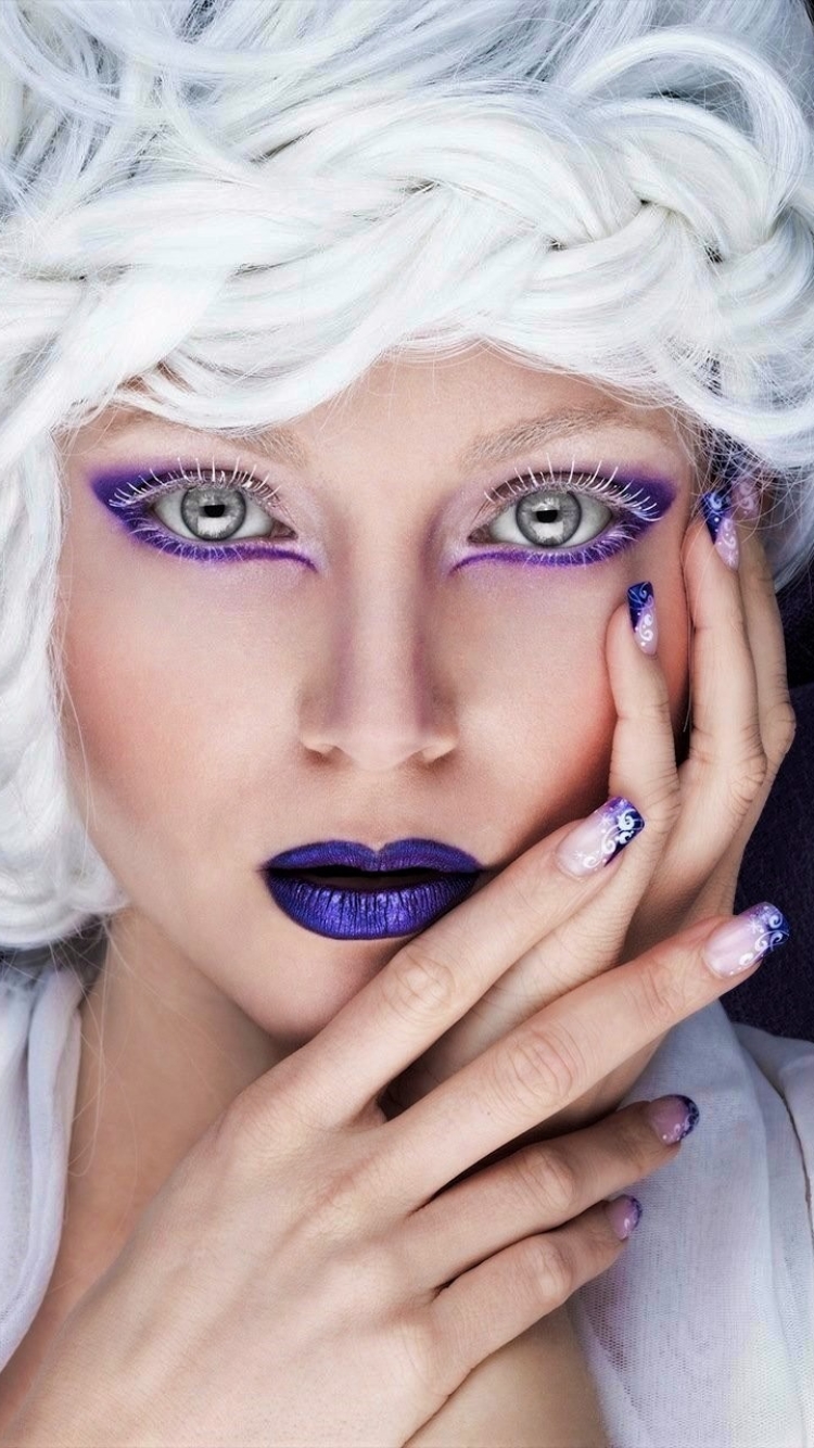 Download mobile wallpaper Face, Women, Makeup, Blue Eyes, White Hair, Lipstick for free.