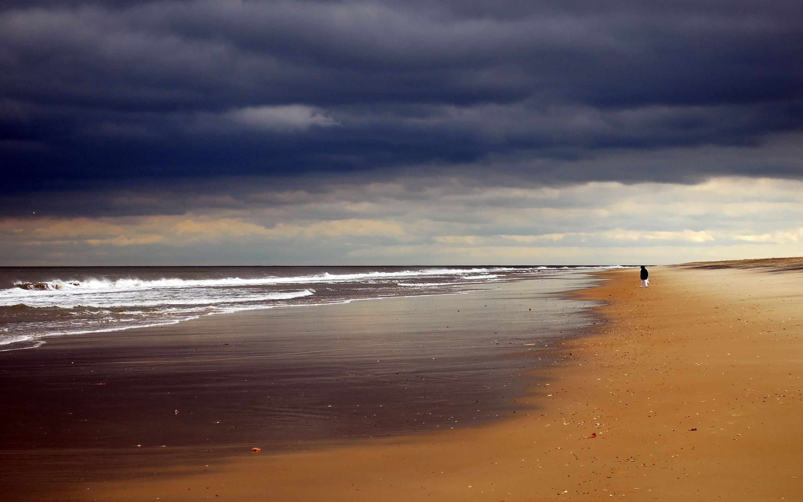 nature, beach, sand, shore, bank, ocean, human, person, mainly cloudy, overcast, loneliness, emptiness, void 4K