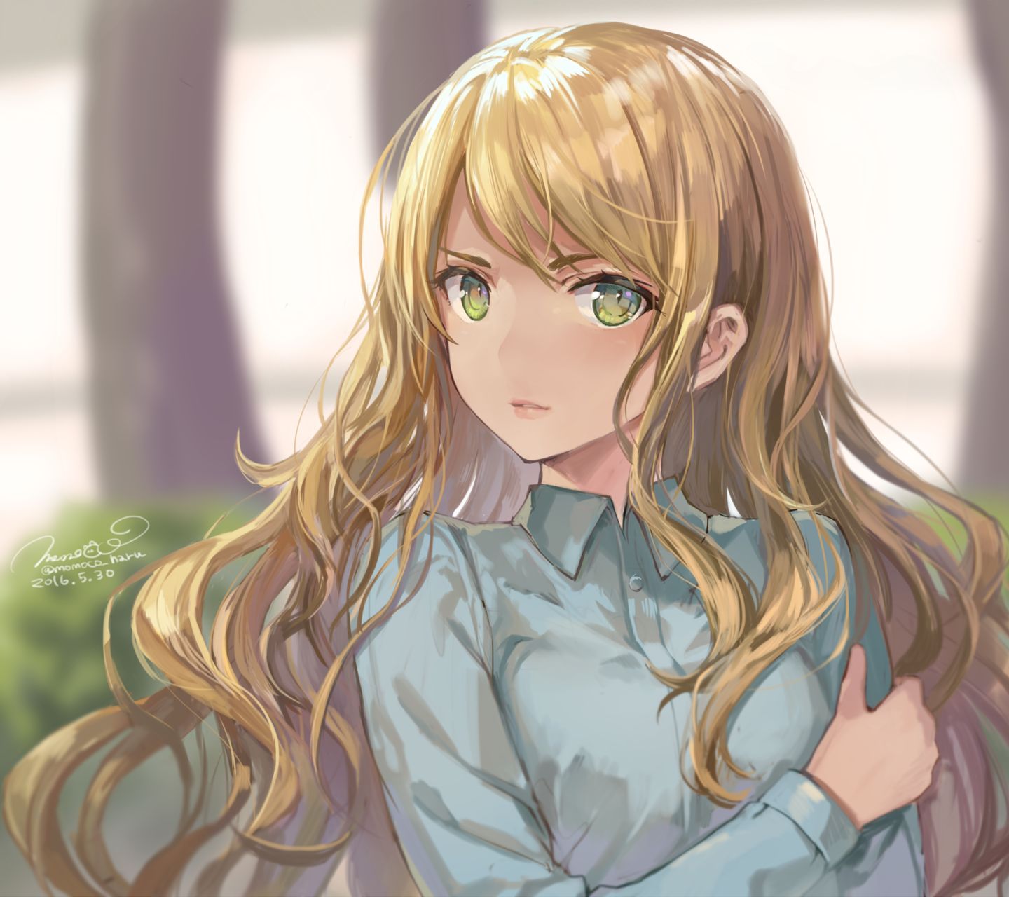 Download mobile wallpaper Anime, Girl, Blonde, Shirt, Green Eyes, Long Hair for free.