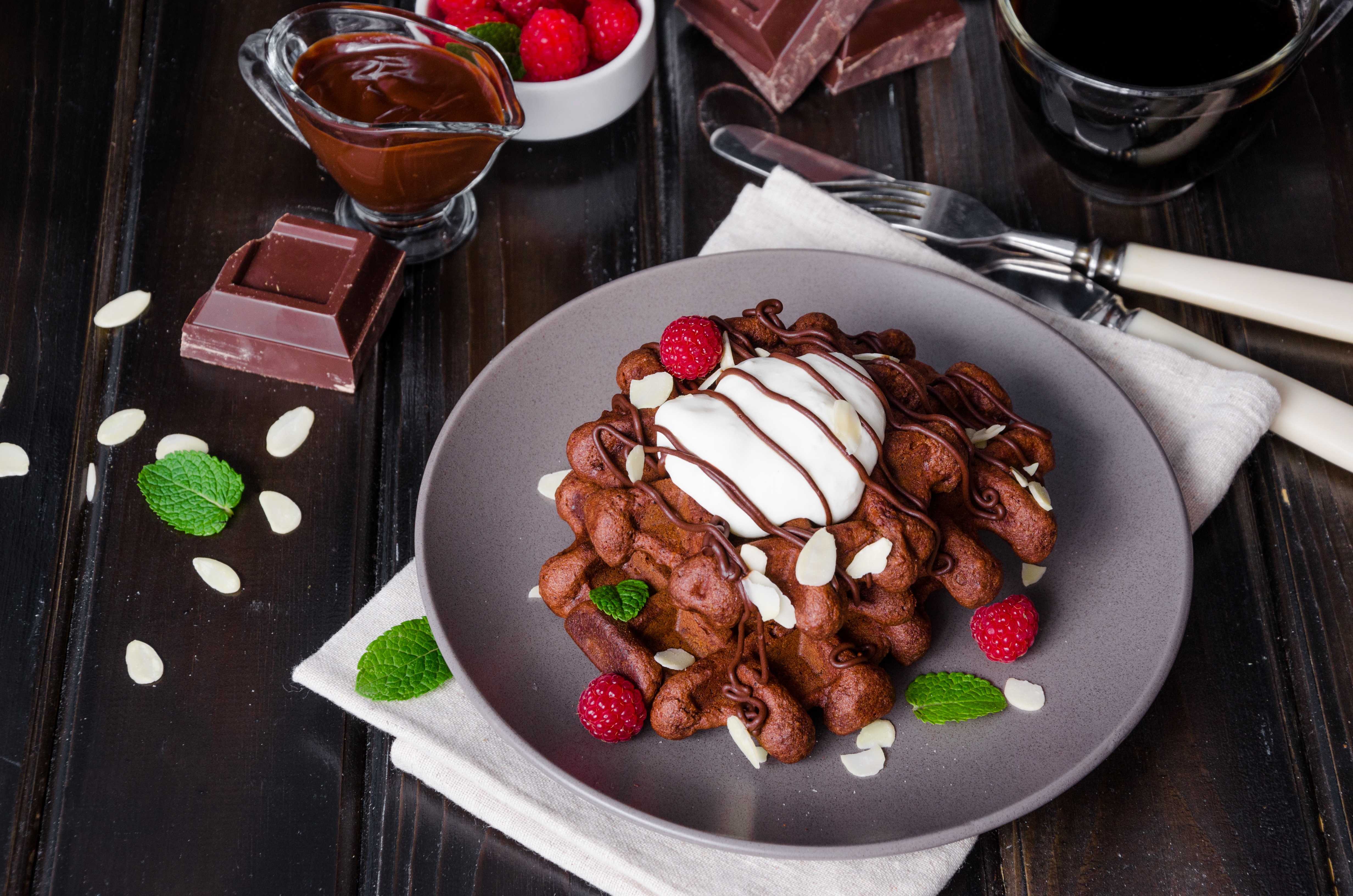 Download mobile wallpaper Food, Chocolate, Still Life, Waffle, Breakfast for free.