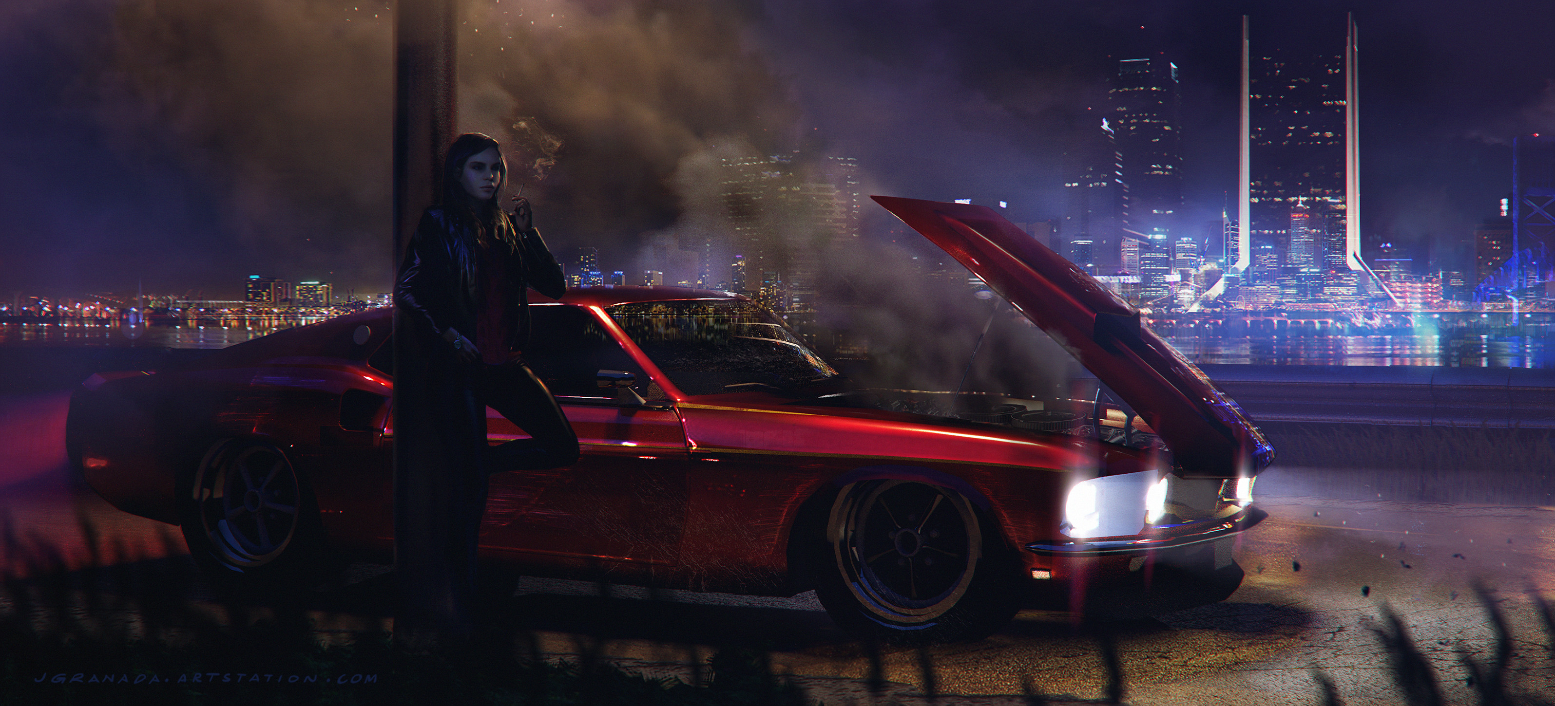 Download mobile wallpaper Night, Car, Sci Fi, Women, Futuristic for free.