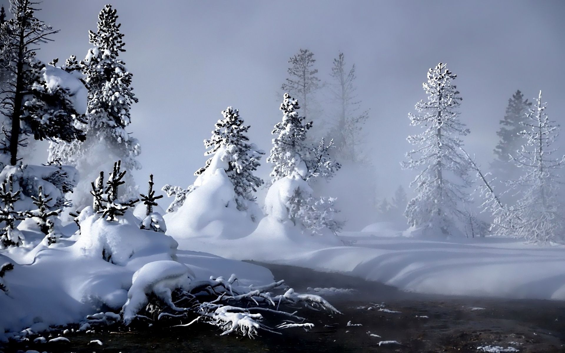 Download mobile wallpaper Evaporation, Snow, Winter, Rivers, Forest, Nature for free.