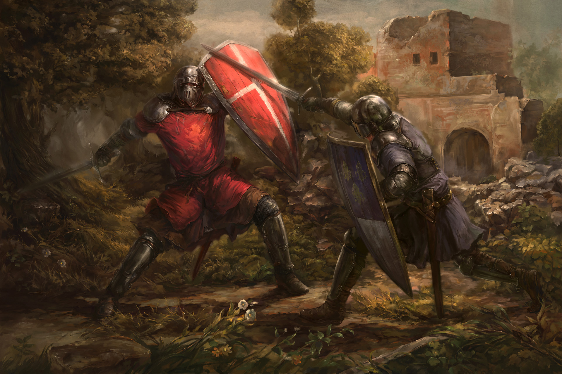 Free download wallpaper Fantasy, Shield, Fight, Knight, Armor, Sword on your PC desktop