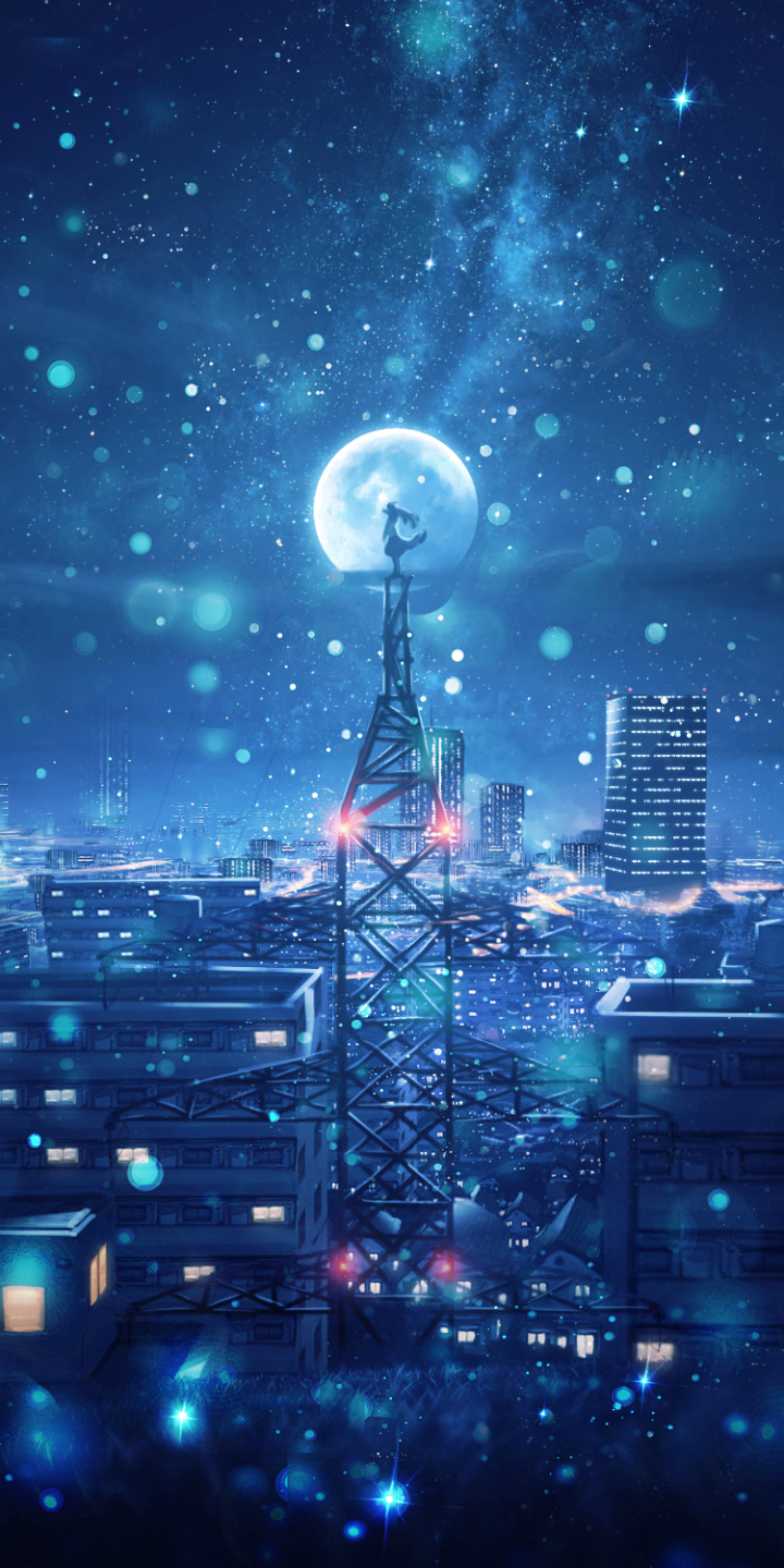 Скачать картинку Аниме, Небо, Ночь, Луна, Город, Снегопад, Токийская Башня в телефон бесплатно.